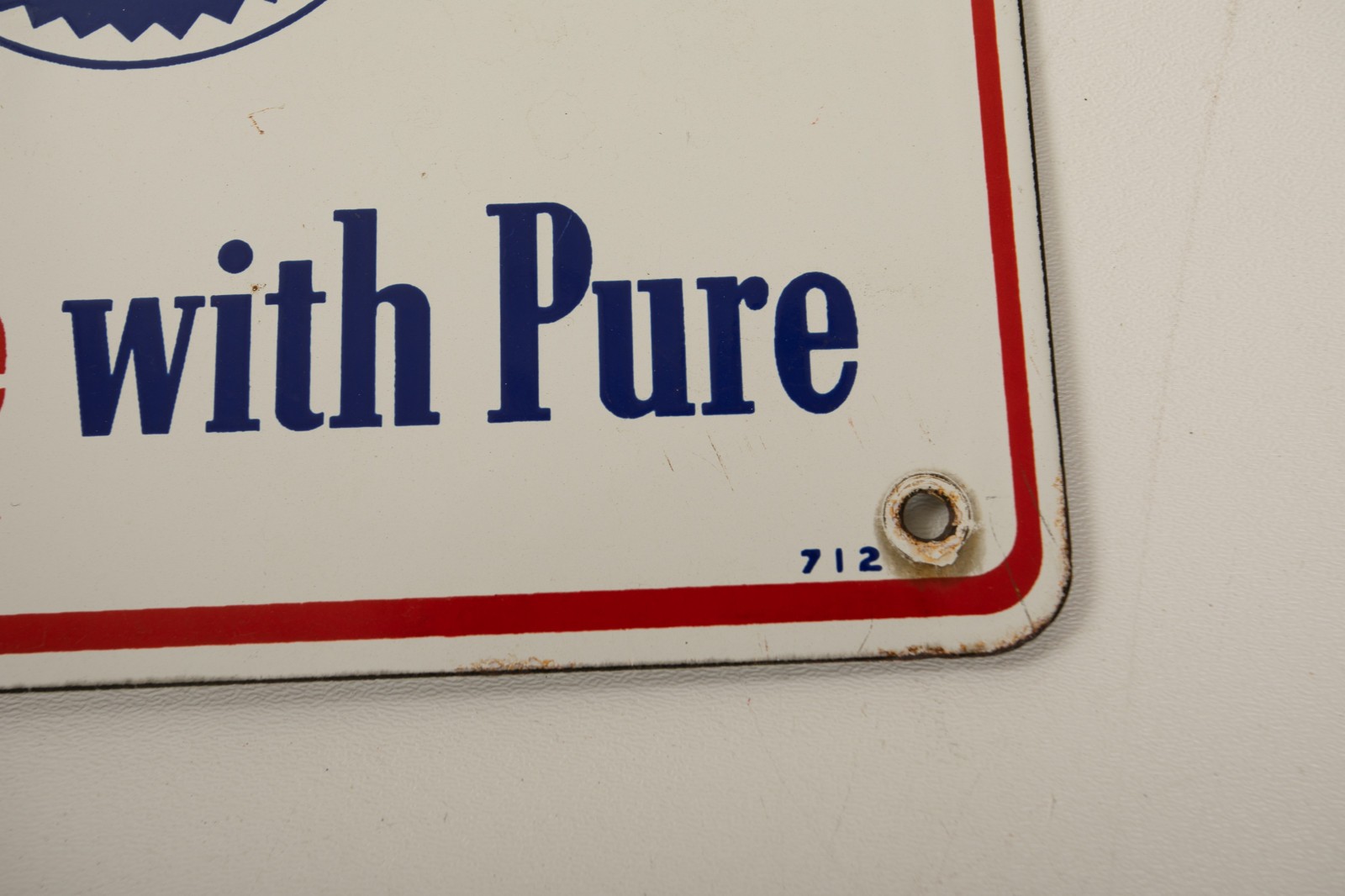 Pure Pep Gasoline Pump Plate Sign (P5L/JSF6) BE Sure WIth Pure Porcelain Enamel