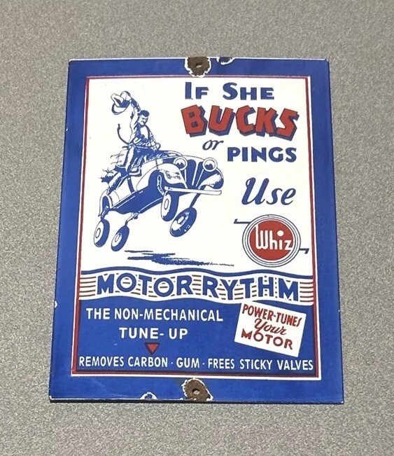 VINTAGE 12” WHIZ COWBOY HORSE MOTOR OIL PORCELAIN SIGN CAR GAS AUTO