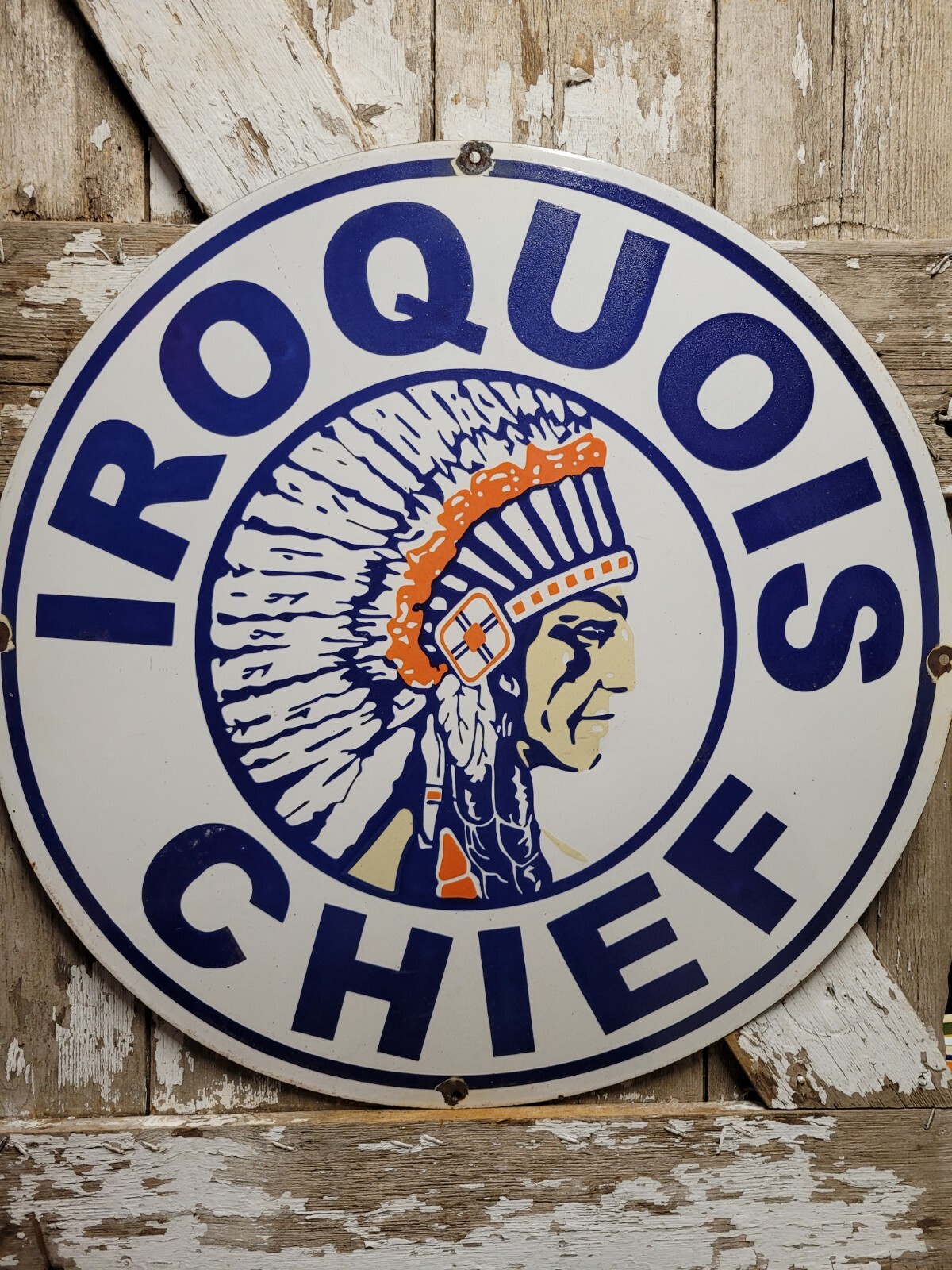 VINTAGE IROQUOIS CHIEF PORCELAIN SIGN 30″ GASOLINE DEALER RARE MOTOR OIL SERVICE