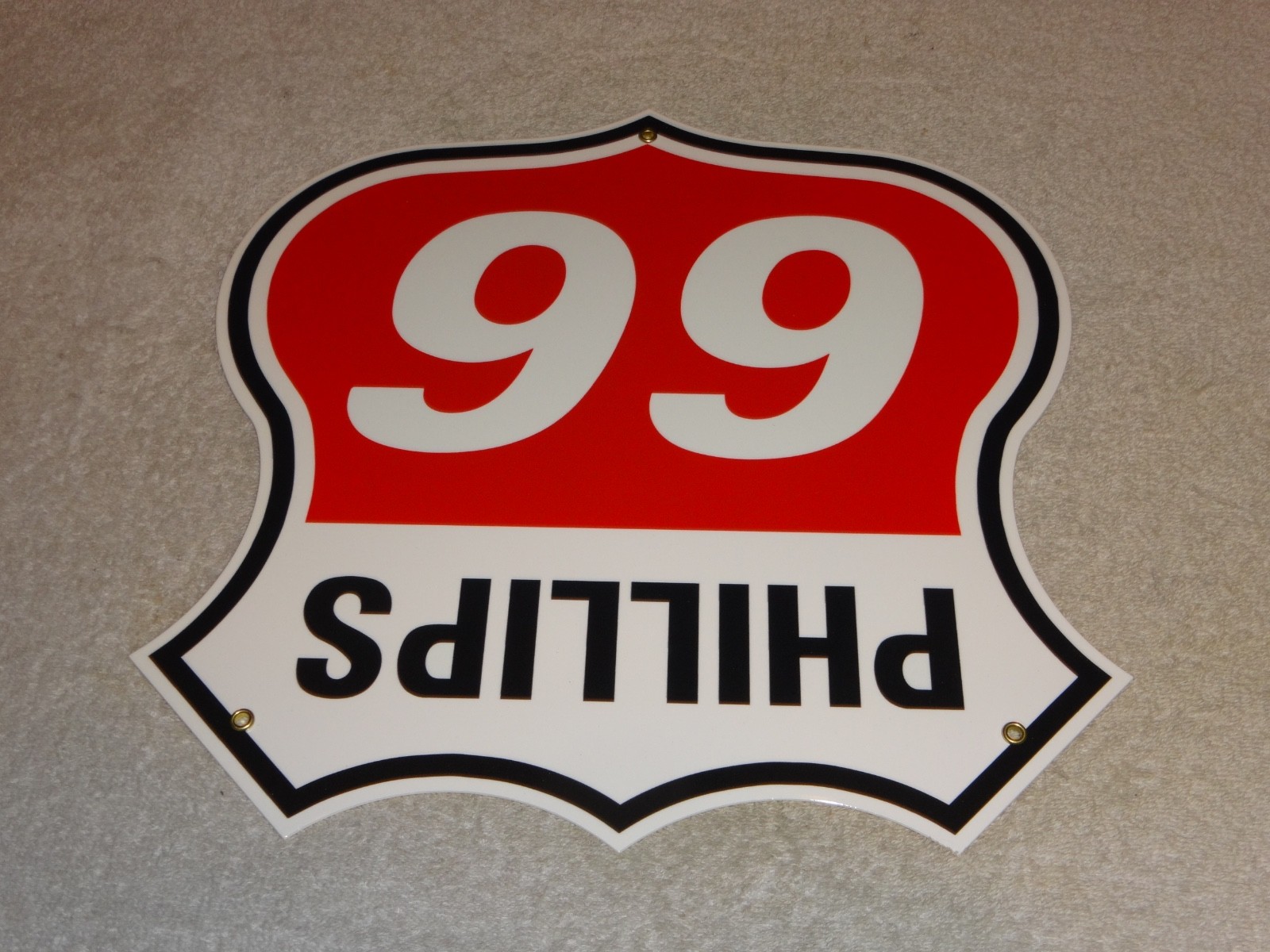 VINTAGE PHILLIPS 66 RED BLACK WHITE 12″ PORCELAIN METAL SHIELD GASOLINE OIL SIGN