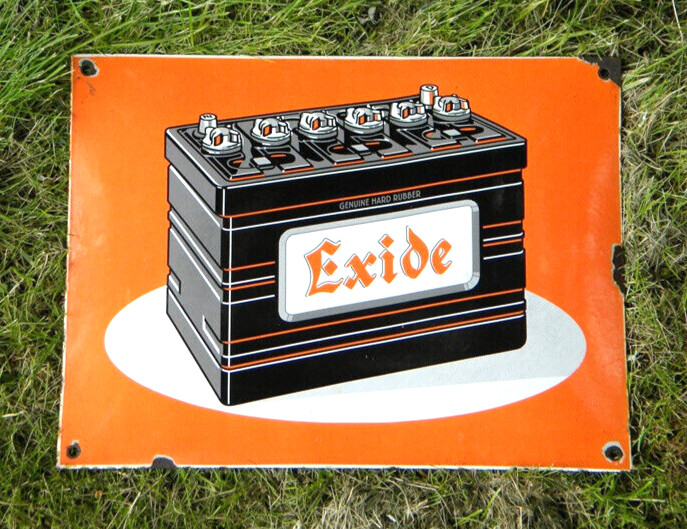 VINTAGE EXIDE BATTERIES PORCELAIN METAL SIGN 15-3/4″x 11-3/4″ BATTERY MOTORCYCLE