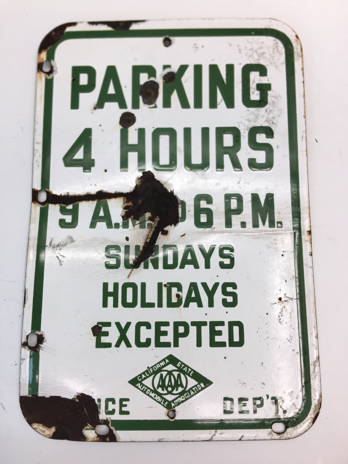 VINTAGE PORCELAIN 2-SIDED AAA 4HR PARKING STREET SIGN POLICE DEPT. 12” X 18”