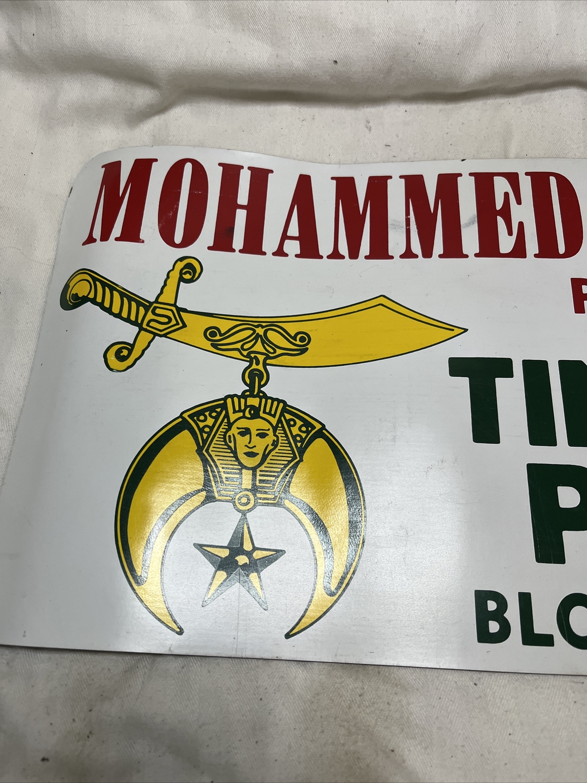 Rare Vtg MOHAMMED TEMPLE TIN LIZZIE PATROL Magnetic Truck/Car Door Sign Peoria