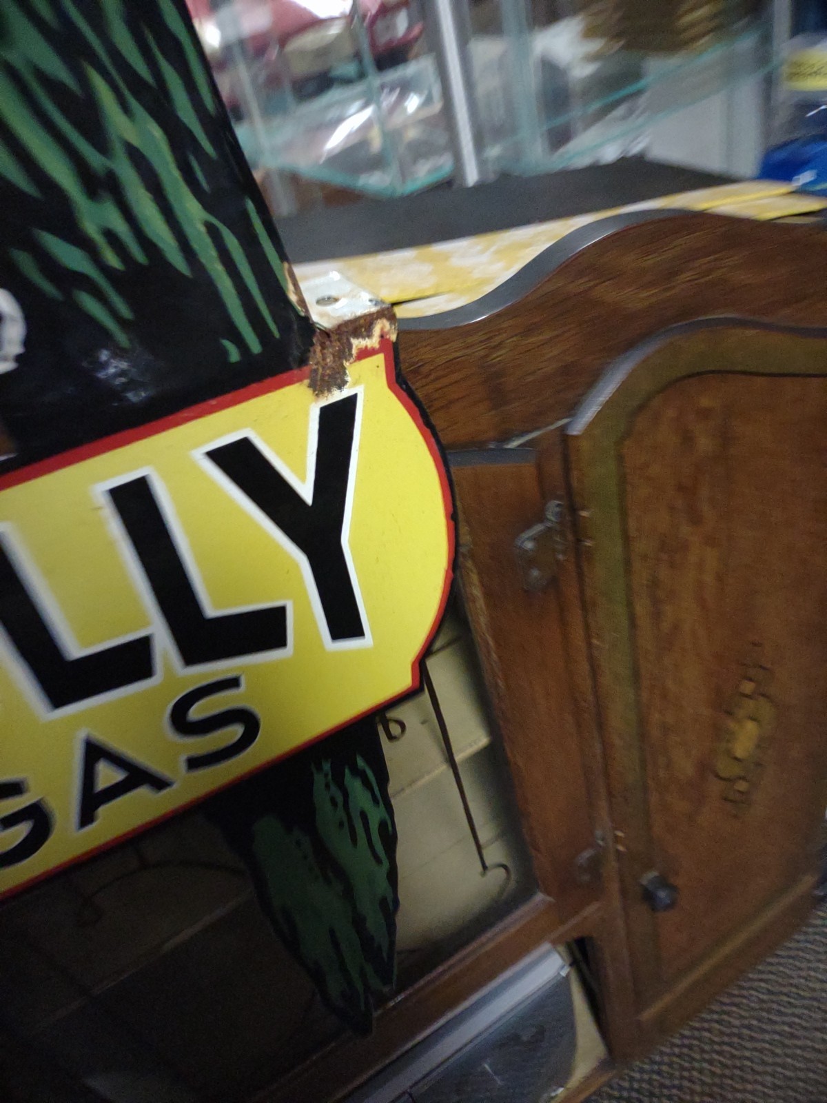 VINTAGE LARGE POLLY PORCELAIN FLANGE SIGN MOTOR OIL GASOLINE PARROT GAS 3FT