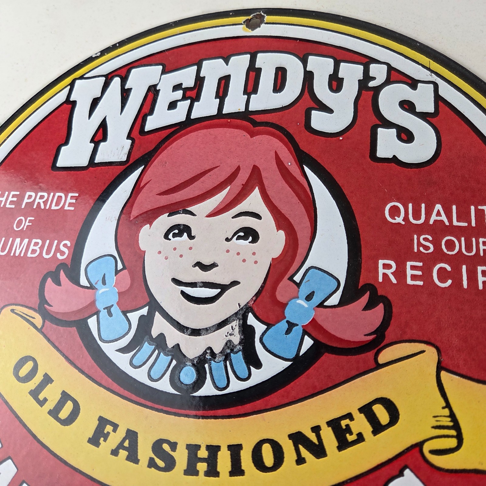 Vintage Wendy’s Hamburgers Sign – Quality Old Fast Food Porcelain Gas Pump Sign