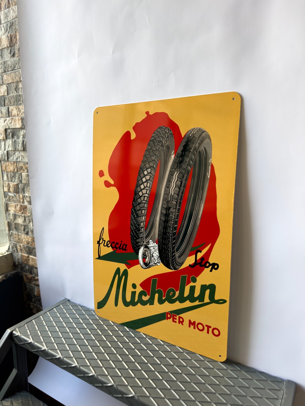 Michelin Freccia Stop Motorcycle Italian Bibend Tires Sign – 24″x16″ (60×40 cm)