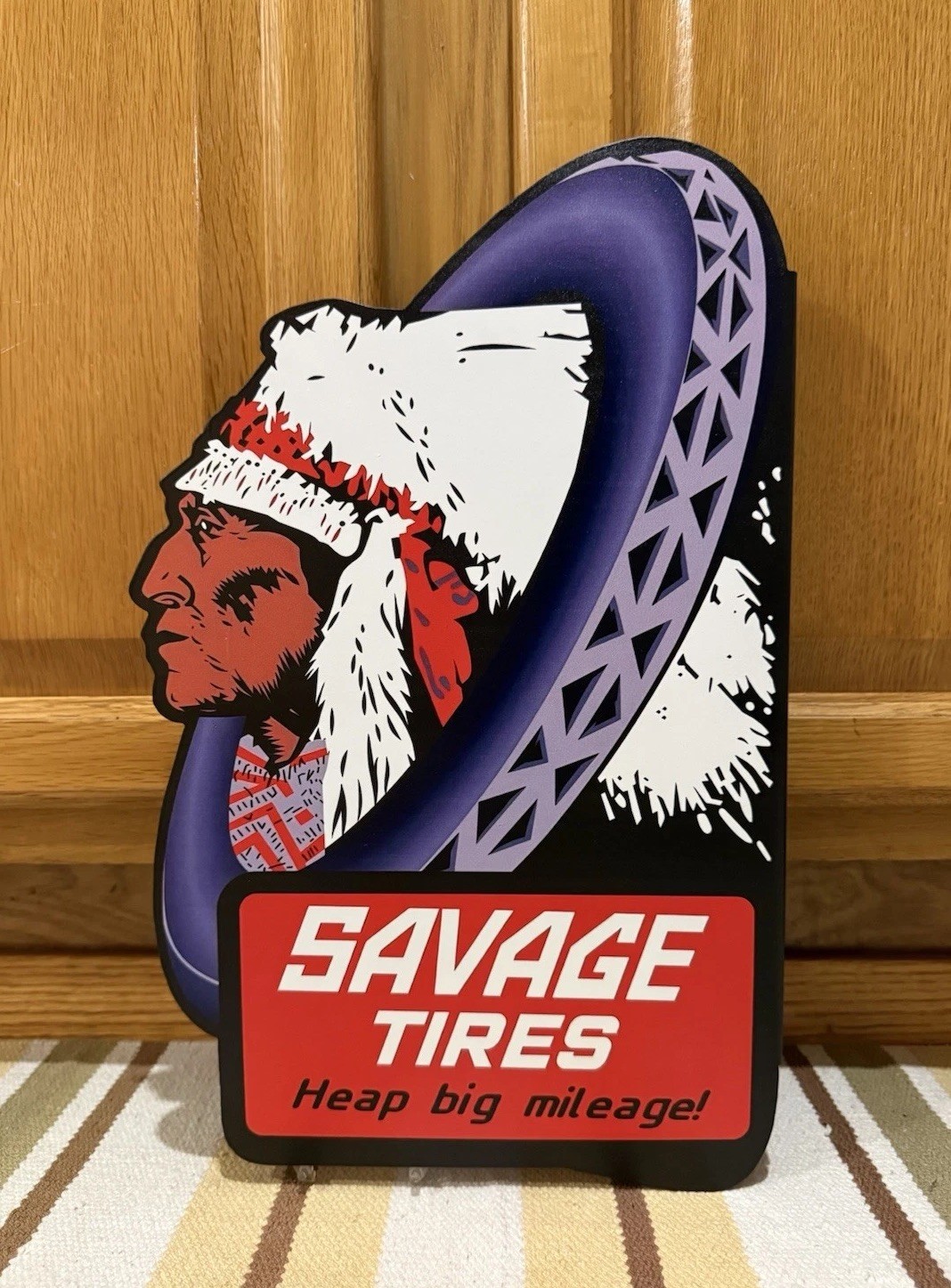 Savage Tires Flange Sign Indian Gas Oil Garage 2 Sided Vintage Style Wall Decor