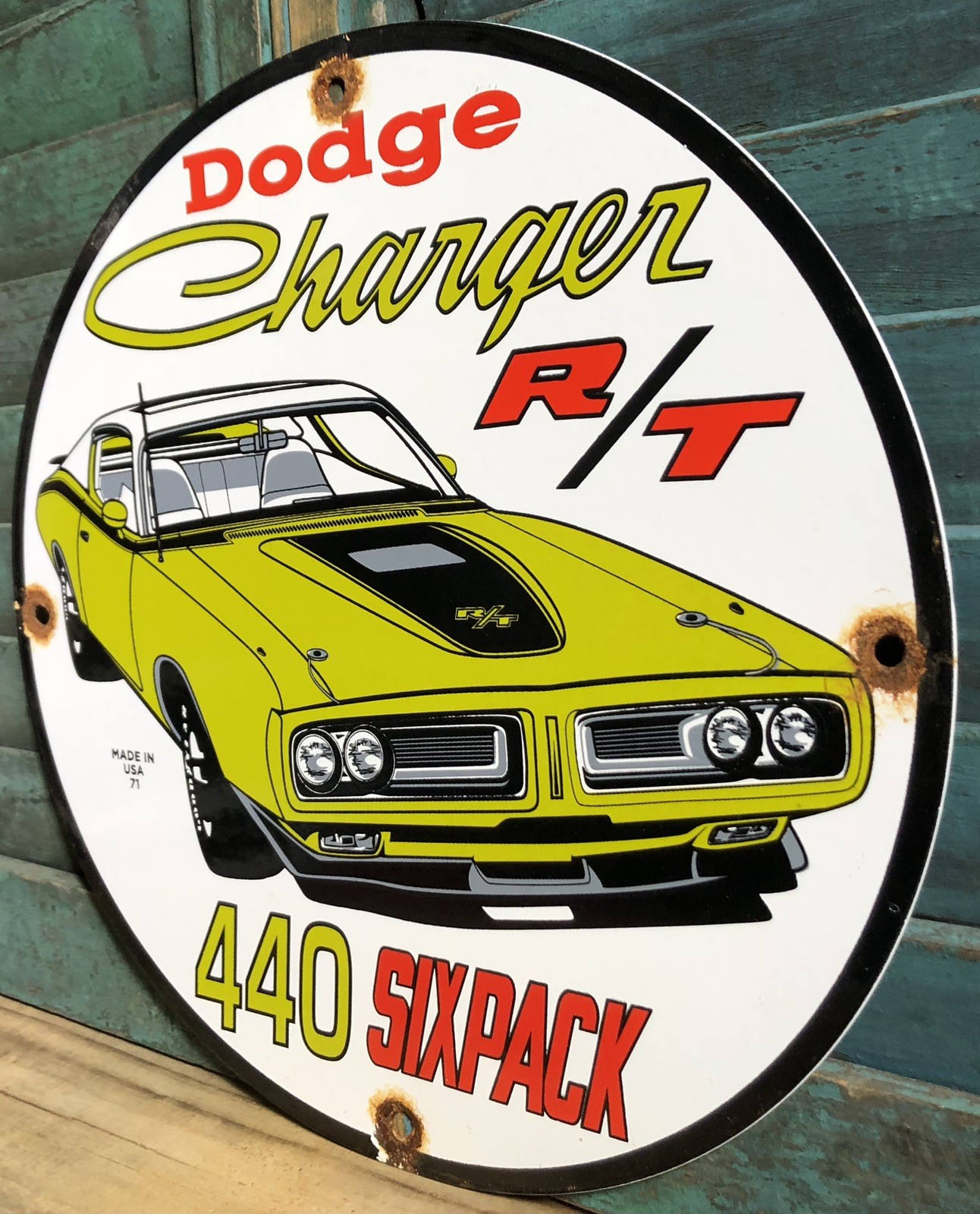 VINTAGE 1971 DATED PORCELAIN DODGE CHARGER R/T 440 SIX PACK GAS OIL SIGN
