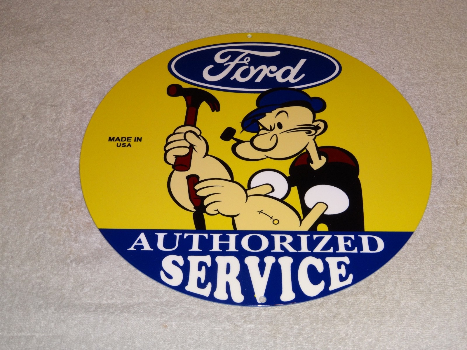 VINTAGE FORD SERVICE W/ POPEYE THE SAILOR MAN 12″ ENAMEL METAL GASOLINE OIL SIGN