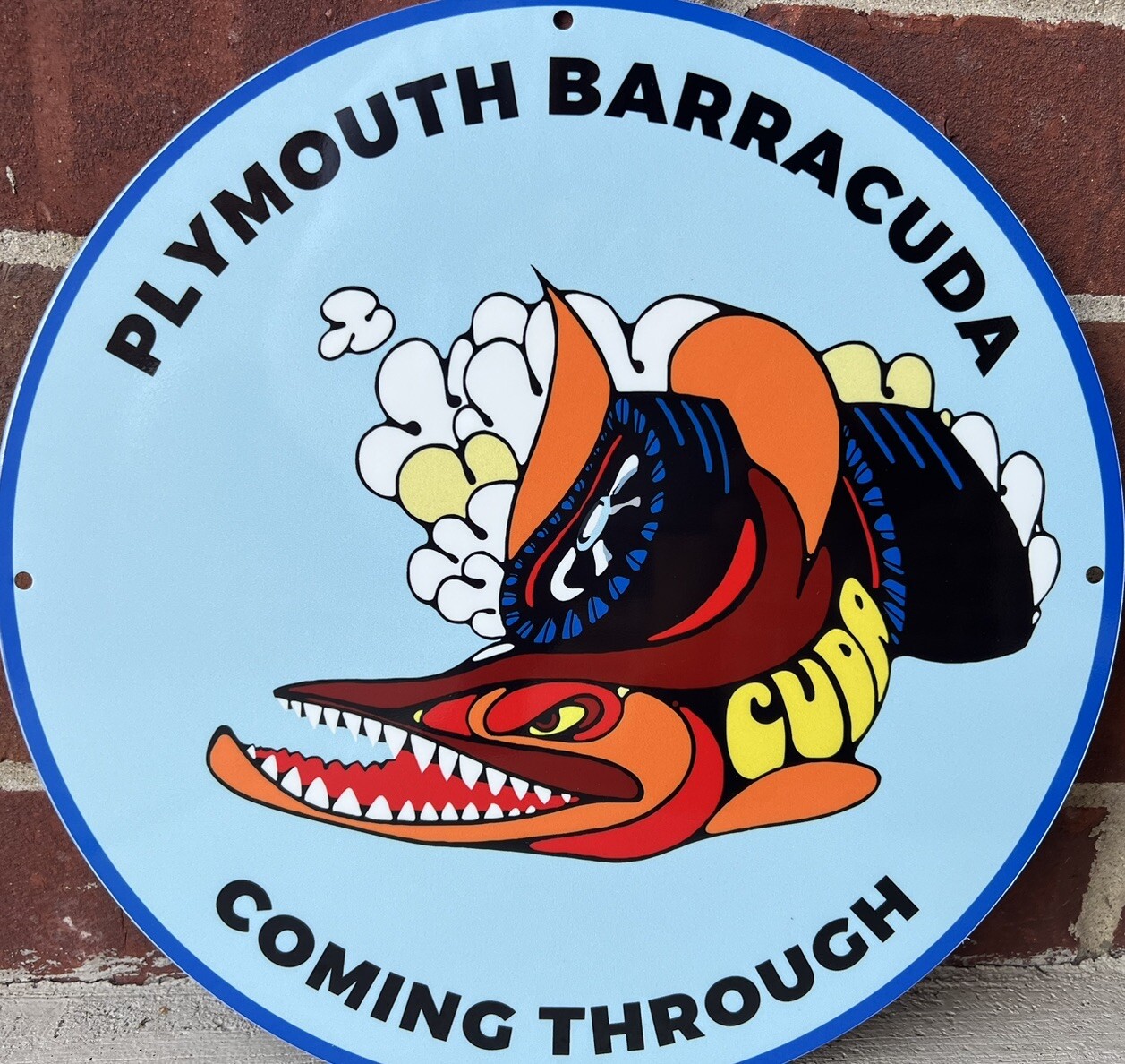 Vintage Style Plymouth Barracuda Coming Through Steel Metal Sign