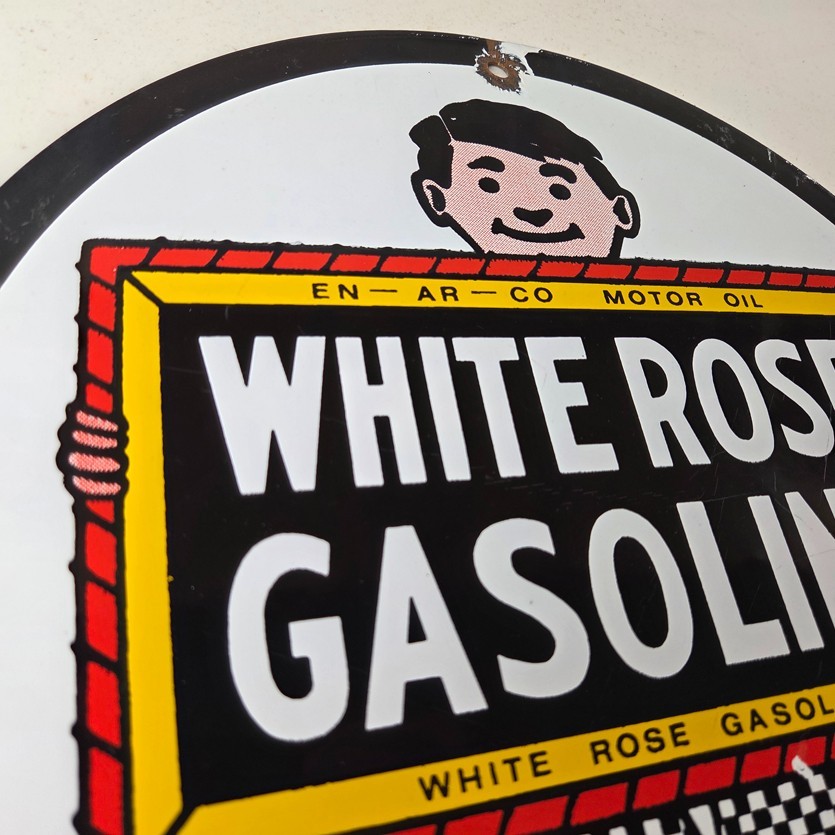 Vintage White Rose Gasoline Sign – En Ar Co Motor Oil Gas Station Pump Sign