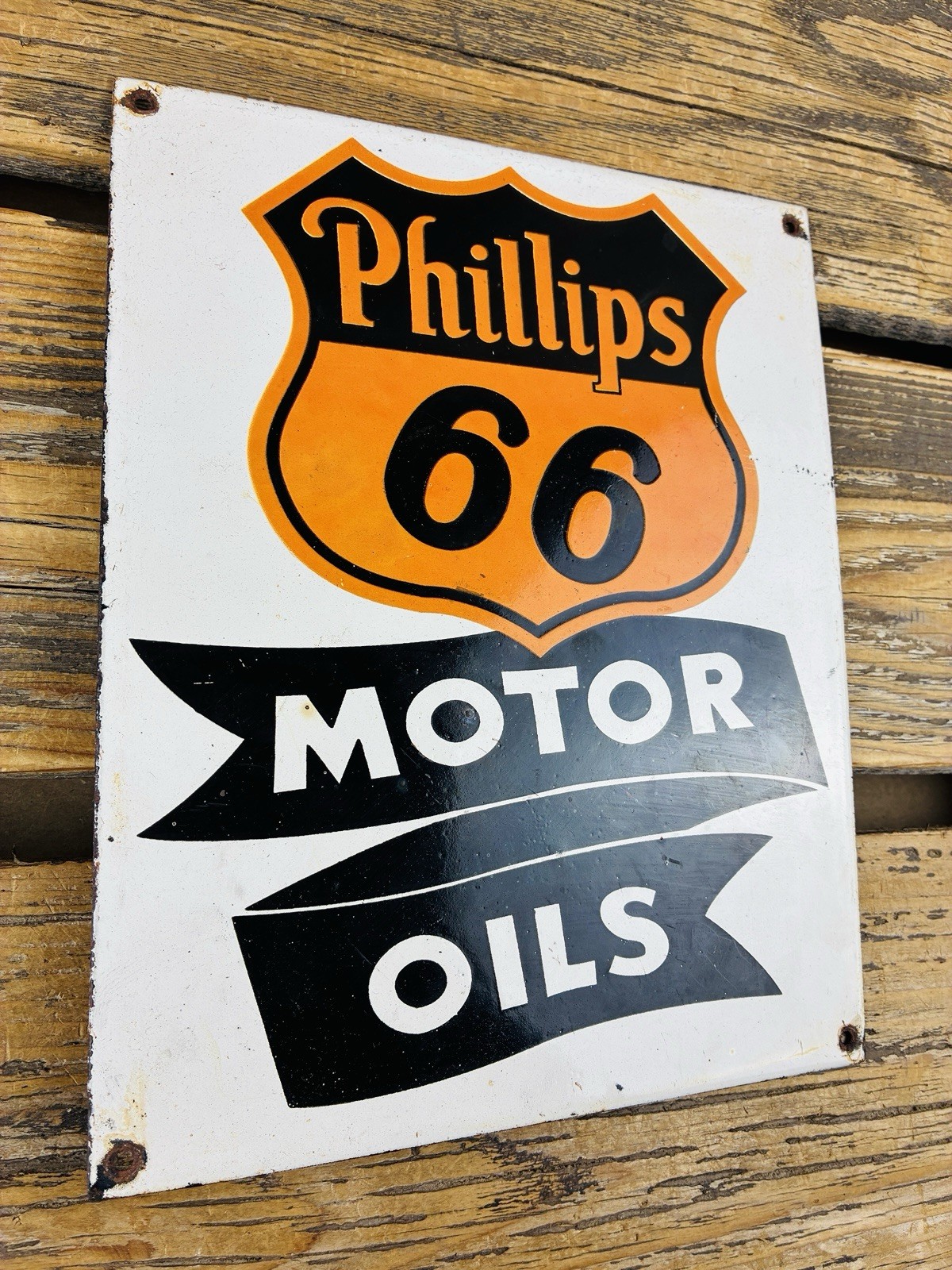 VINTAGE 10×8″ PHILLIPS 66 MOTOR OILS GASOLINE PUMP STATION PORCELAIN GAS AD SIGN
