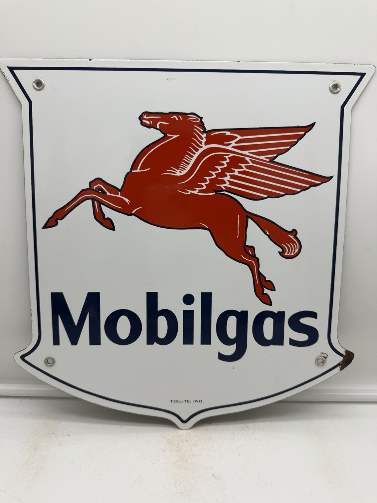AUTHENTIC & ORIGINAL “MOBILGAS” GASOLINE 12X11.5 INCH PORCELAIN SIGN