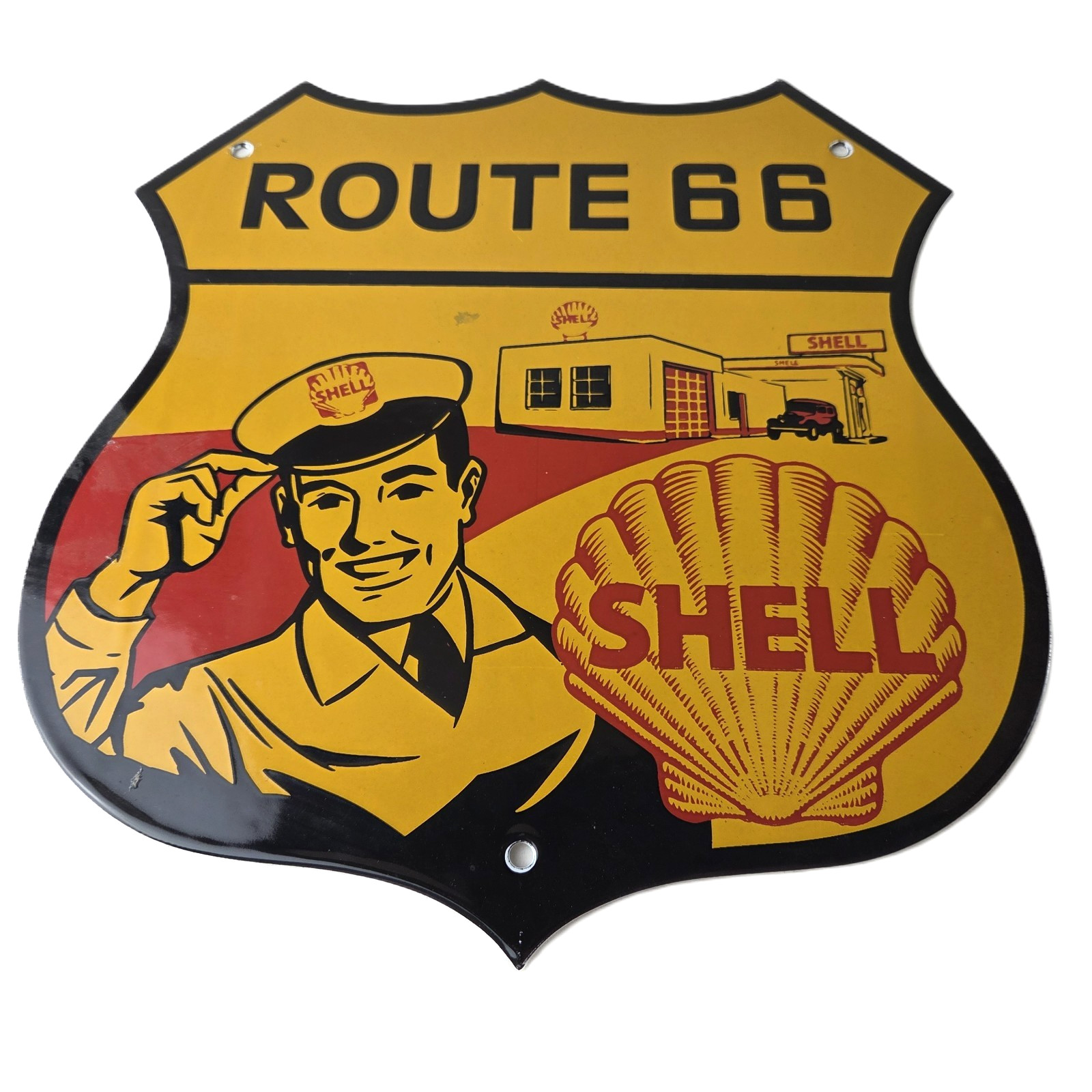 Vintage Shell Gas Sign – Gasoline Attendant Route 66 Pump Porcelain Sign