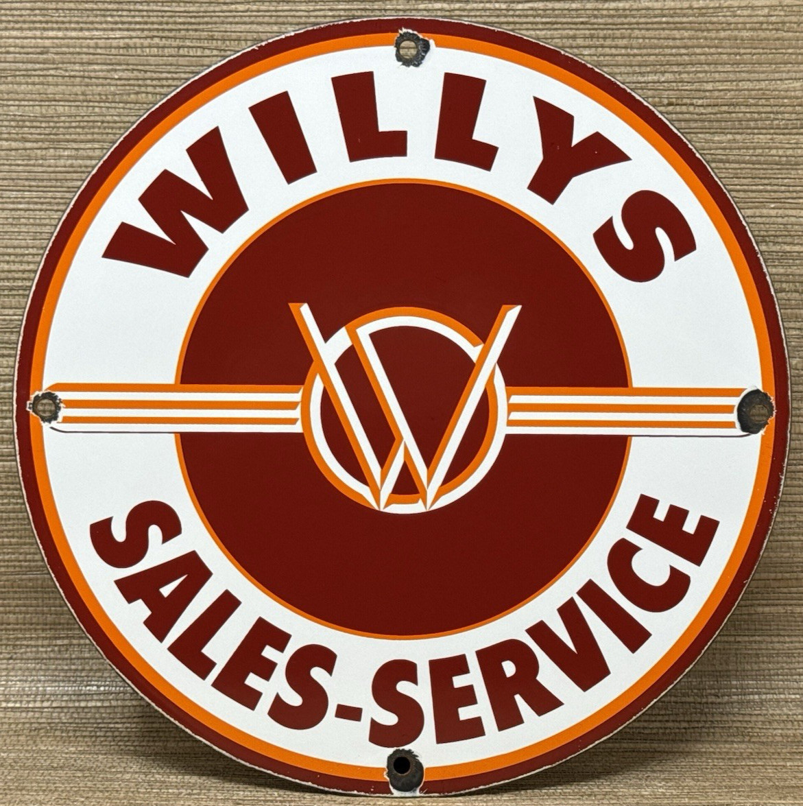 VINTAGE WILLYS PORCELAIN SIGN SALES SERVICE GAS OIL PUMP PLATE DEALERSHIP KNIGHT