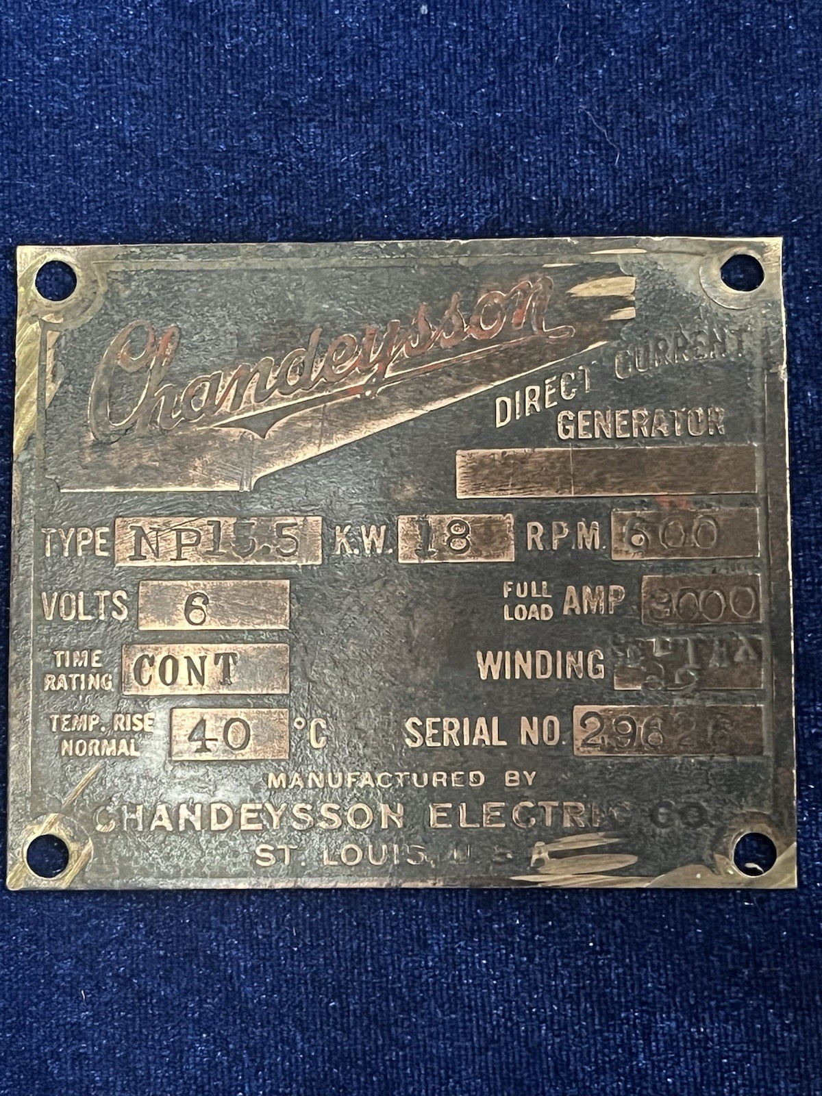 Vintage Name Plate For Chandeysson Direct Current Generator(Brass)