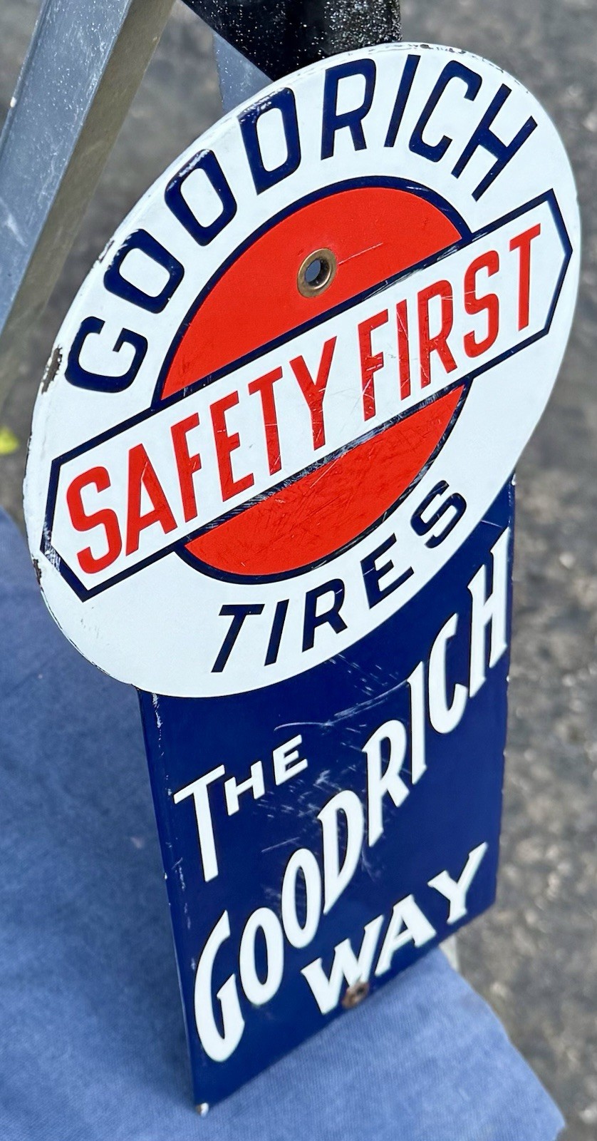 VINTAGE GOODRICH TIRES SAFTY FIRST PORCELAIN SIGN, 11 3/4”x 6”, RARE