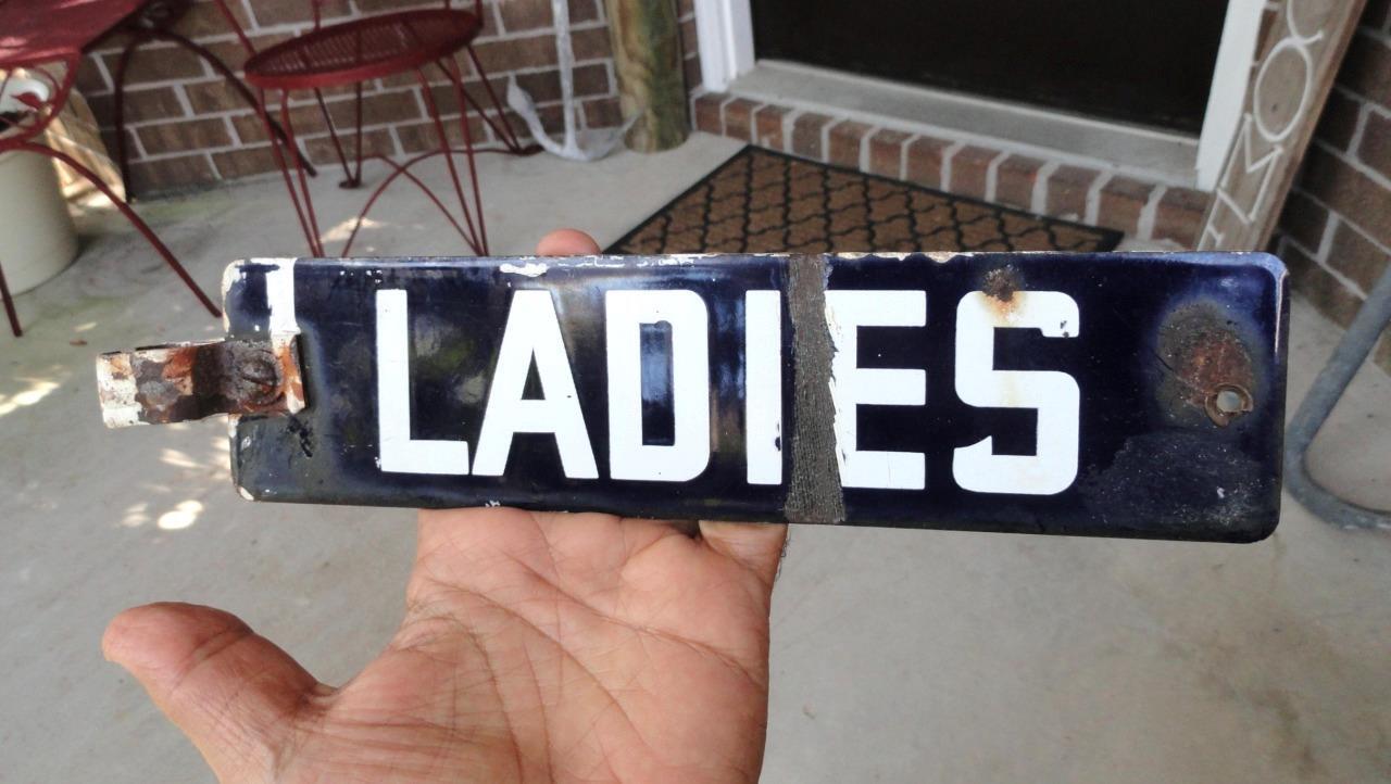 early LADIES Cobalt Blue PORCELAIN RESTROOM/BATHROOM SIGN