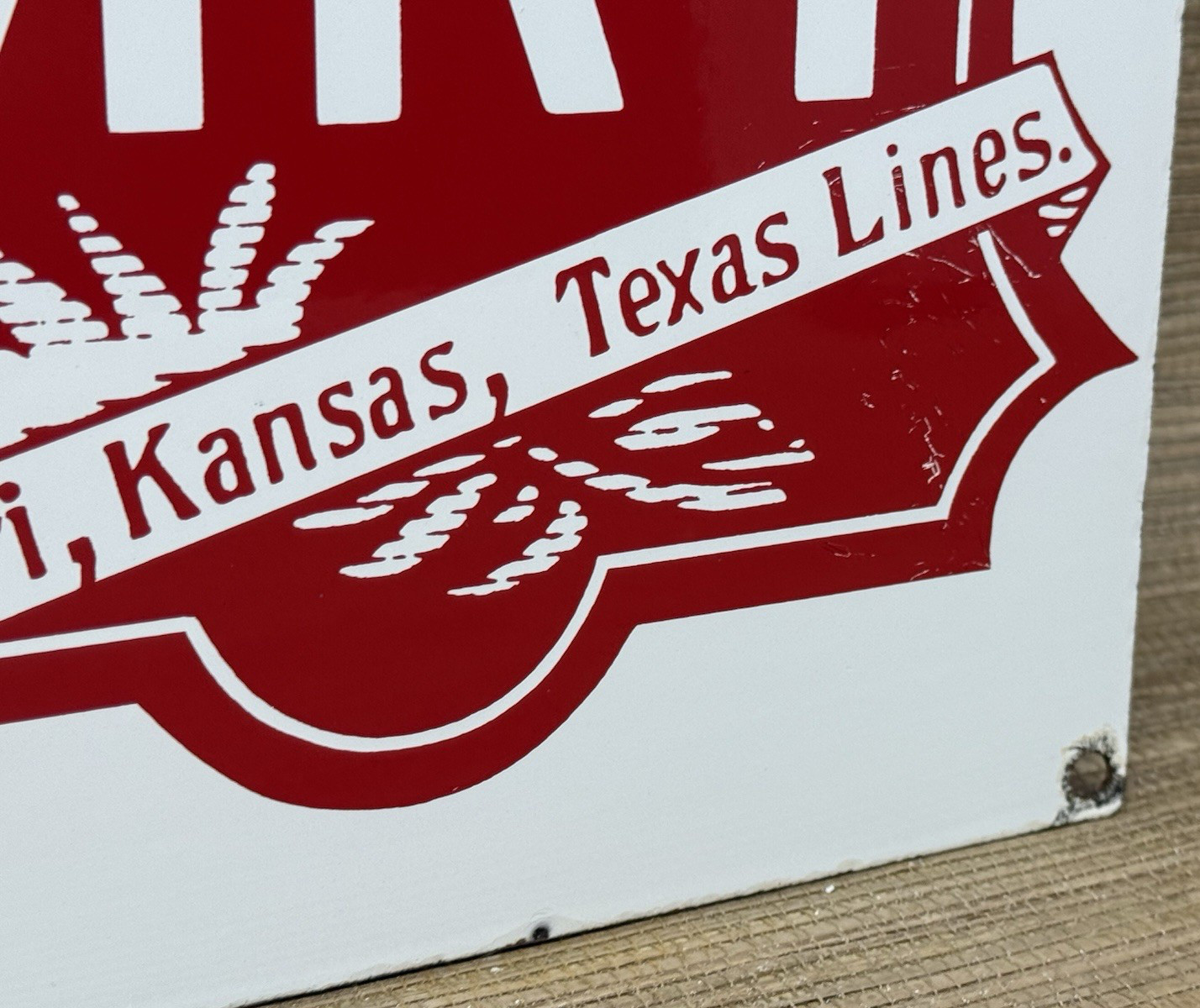 VINTAGE MISSOURI KANSAS TEXAS LINES PORCELAIN SIGN TRAIN STATION GAS OIL RAILWAY