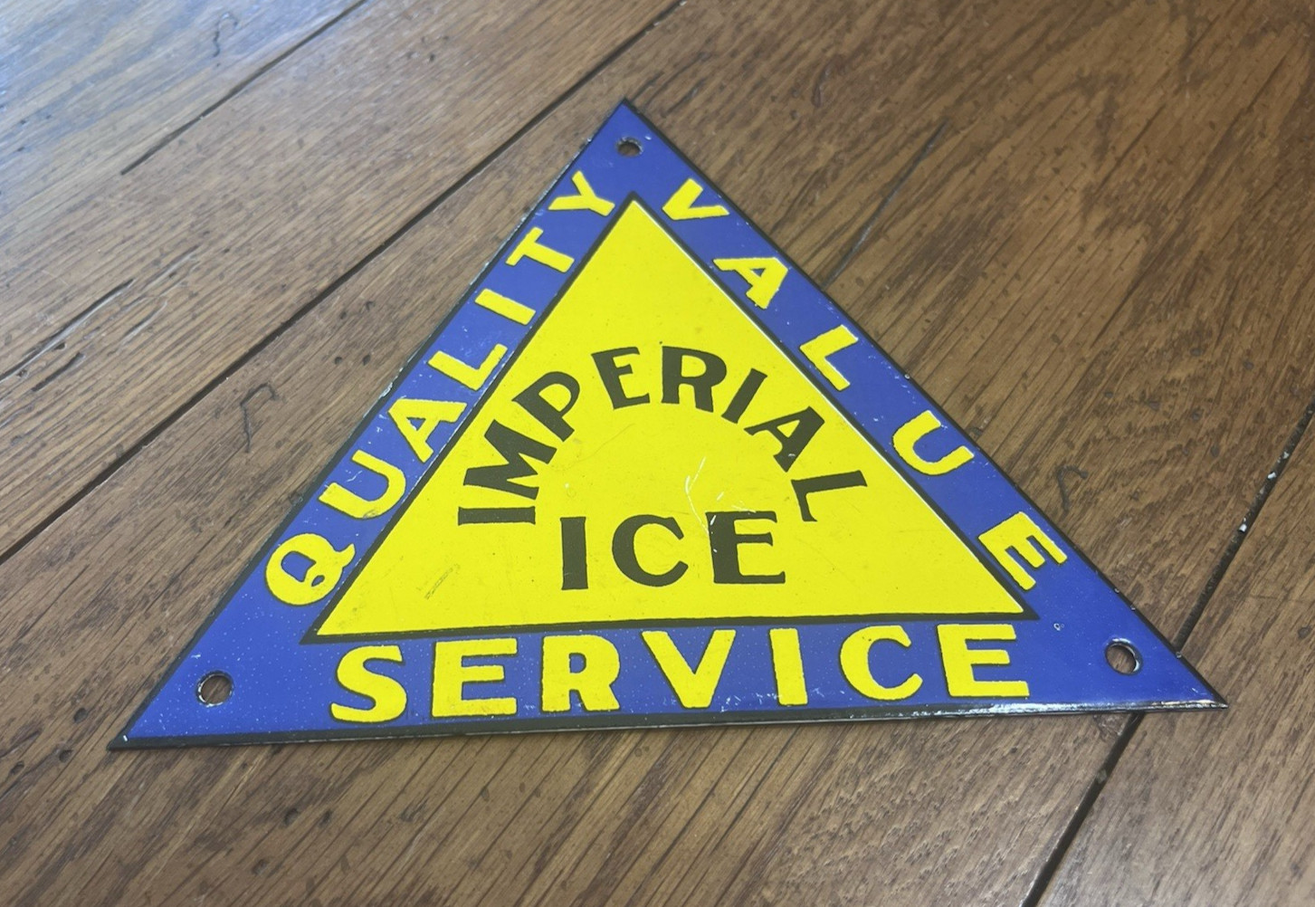 VERY NICE QUALITY VALUE IMPERIAL ICE PORCELAIN SIGN TRIANGLE BLUE YELLOW BLACK