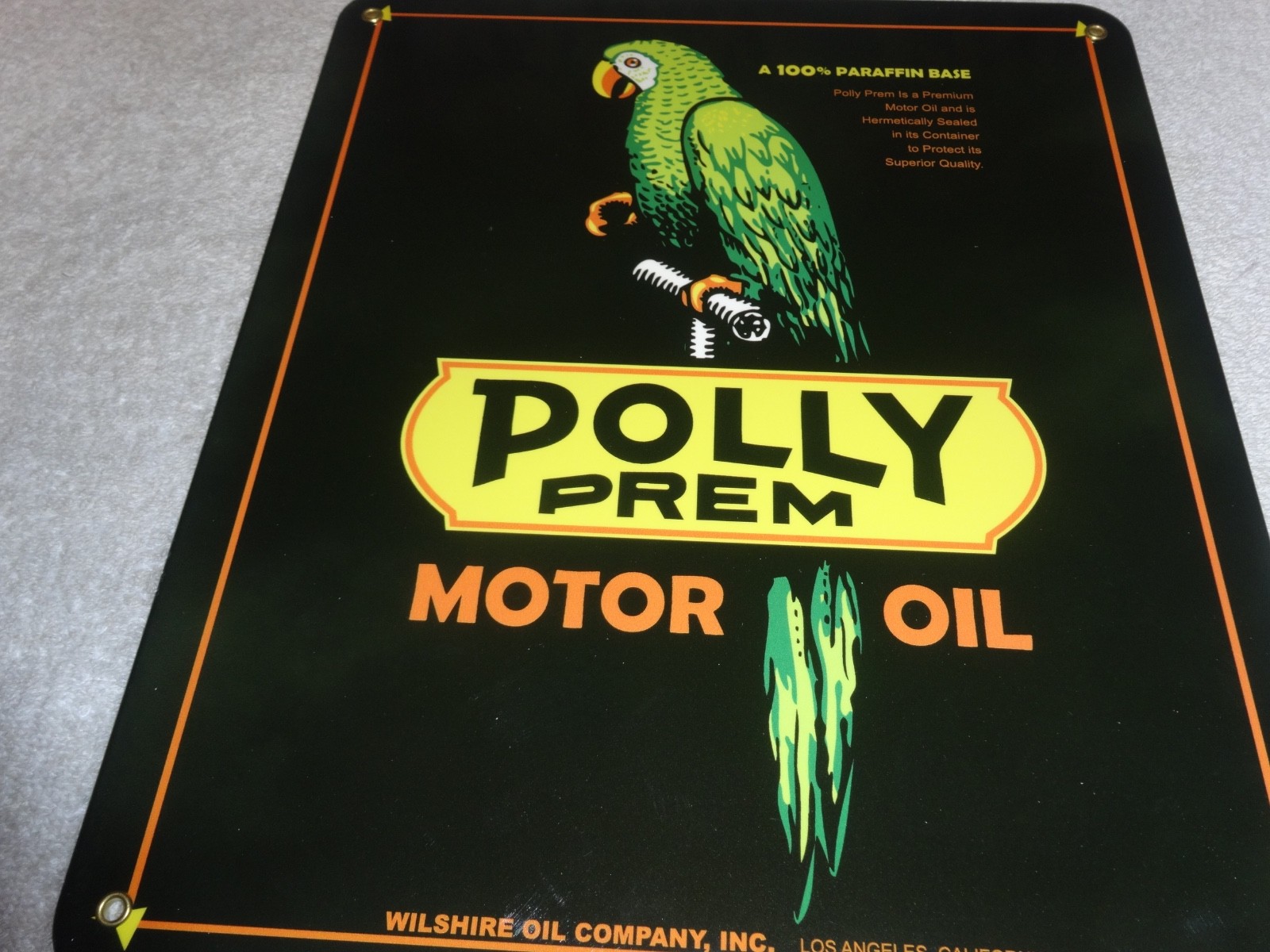 VINTAGE POLLY PREMIUM GASOLINE PARROT 12.5″ PORCELAIN METAL WILSHIRE CA OIL SIGN