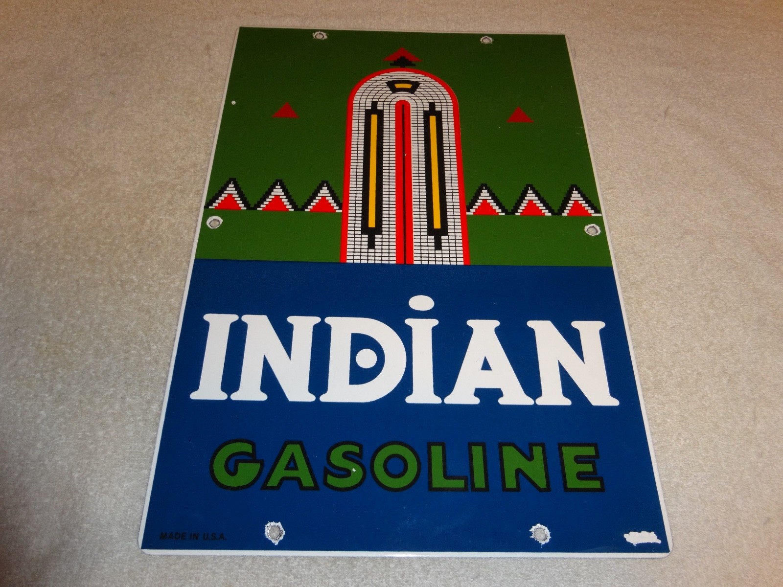 VINTAGE INDIAN GASOLINE 18″ PORCELAIN METAL MOTORCYCLE GAS & OIL PUMP PLATE SIGN
