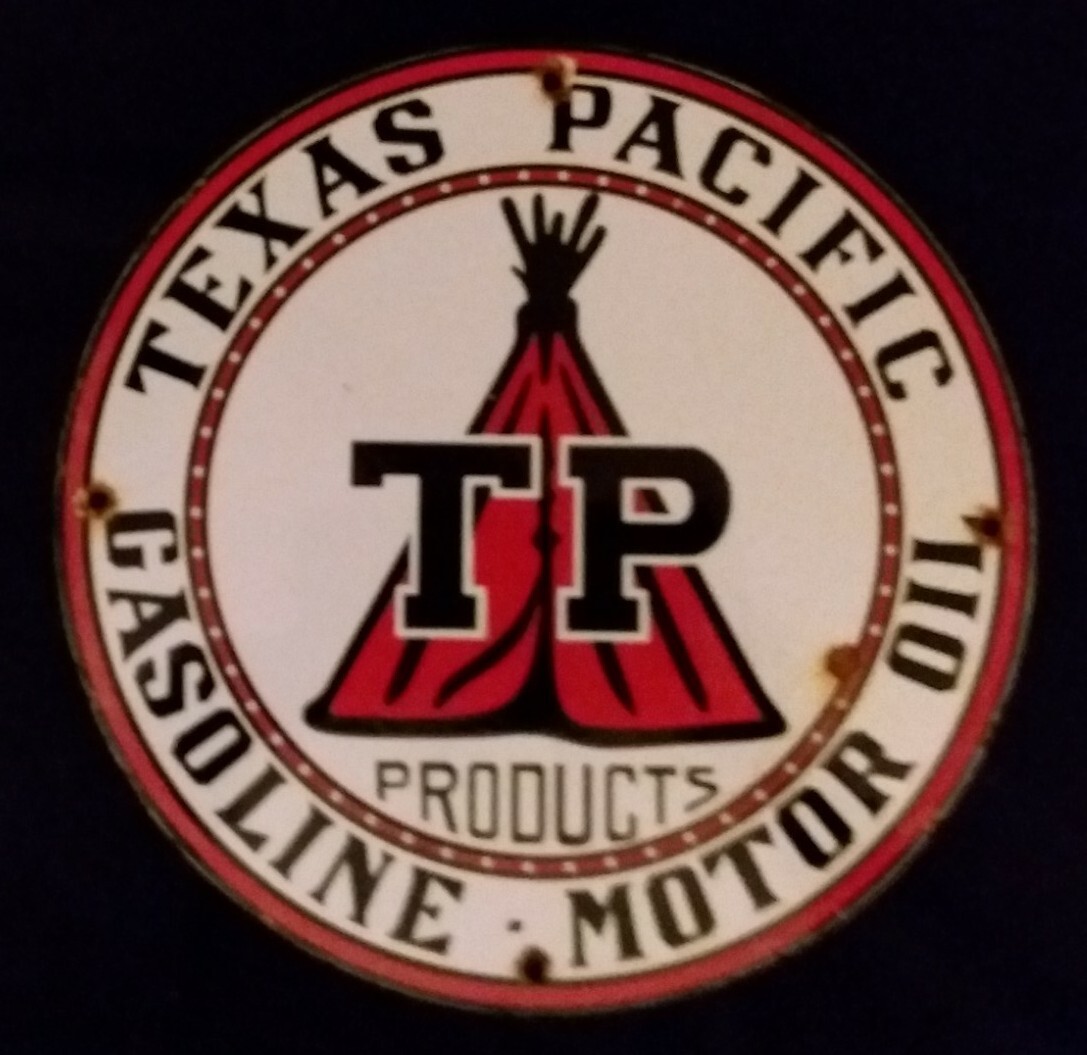 VINTAGE TEXAS PACIFIC GASOLINE / MOTOR OIL PORCELAIN GAS PUMP SIGN