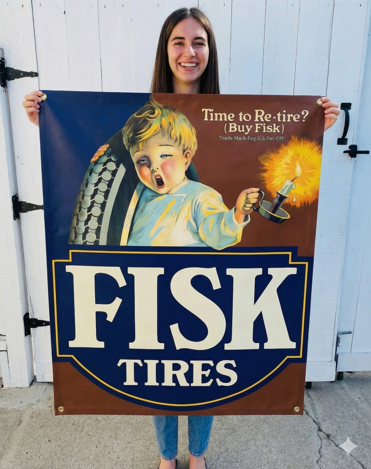 Vintage Fisk Tires Gas Oil Banner Sign ” Time To Re-Tire” Boy Petroliana 3′ x 2′