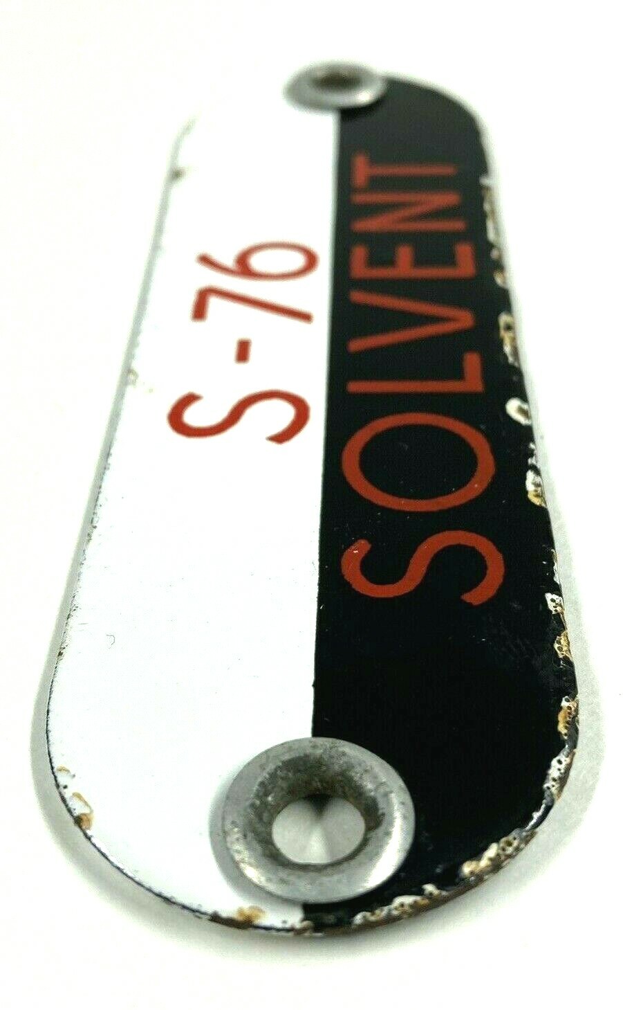 Vintage S-76 Solvent Porcelain Gas Fuel Oil Tag Sign Badge – Black, White & Red