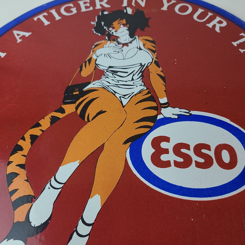 Vintage Esso Gasoline Porcelain Tiger – Gas Service Station Auto Tank Sign