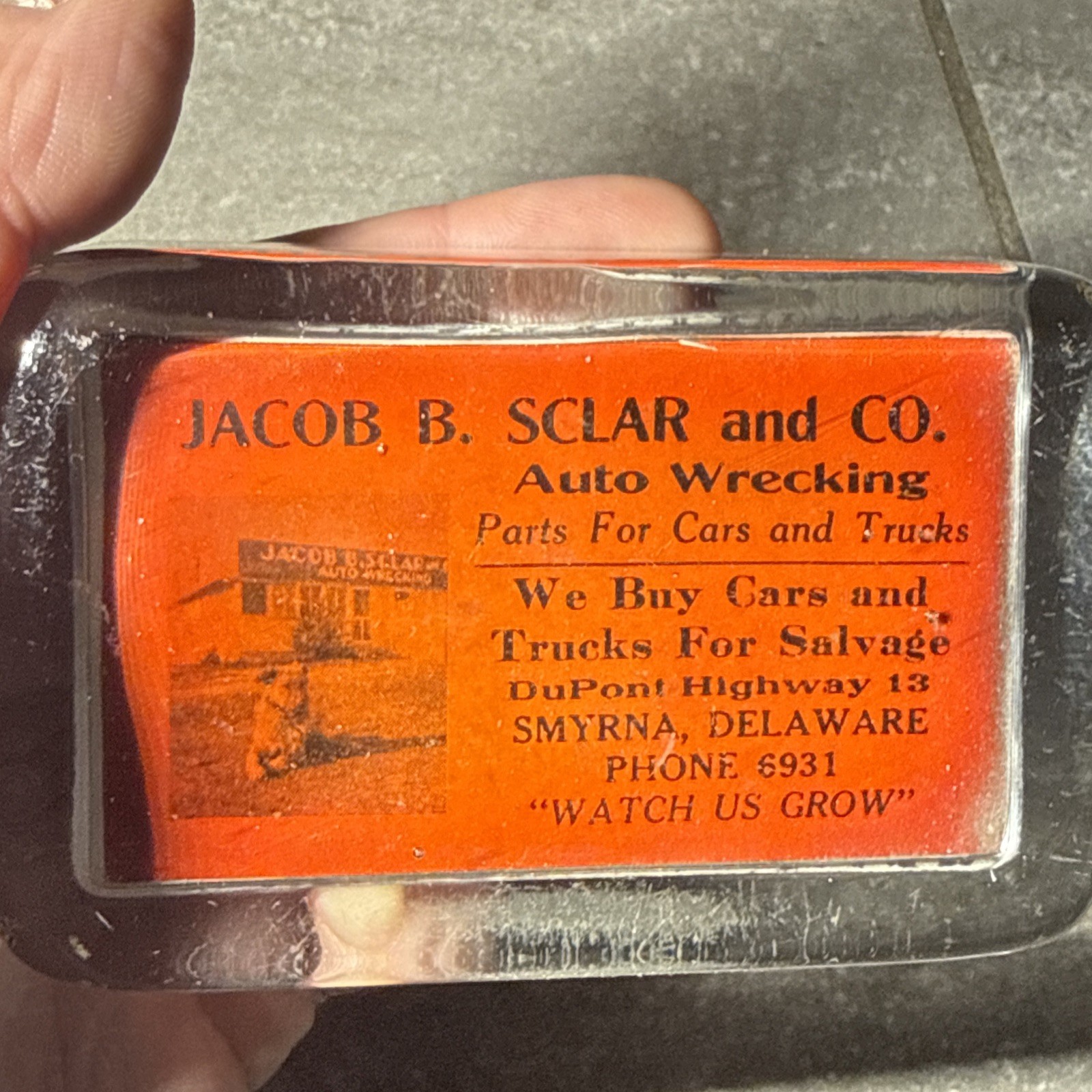 Old 1920’s 30’s Delamare Auto Wrecking Graphic Advertising Paperweight Sign