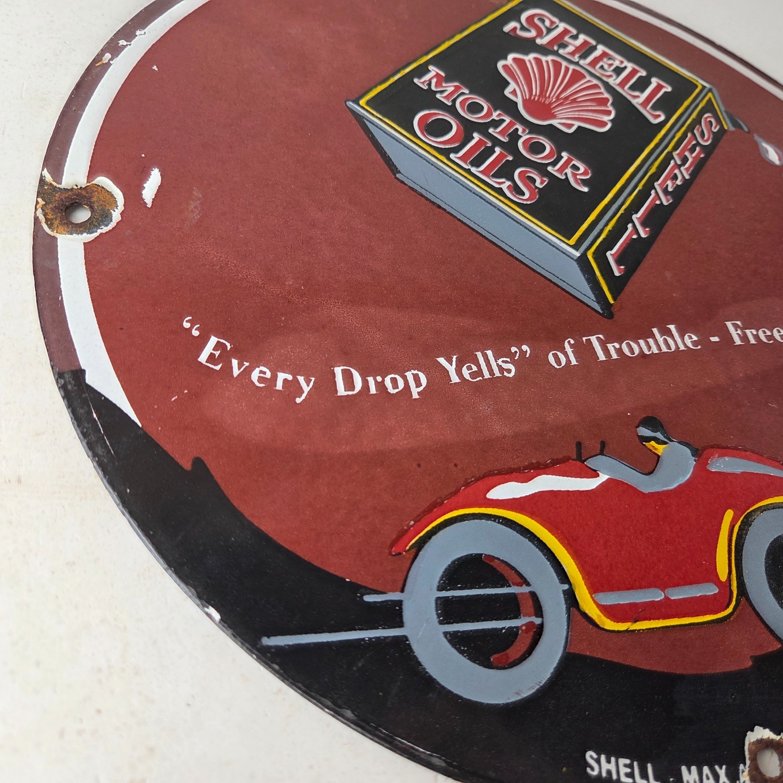 Vintage Shell Gasoline Sign – Free Motoring Gas Oil Pump Plate Porcelain Sign