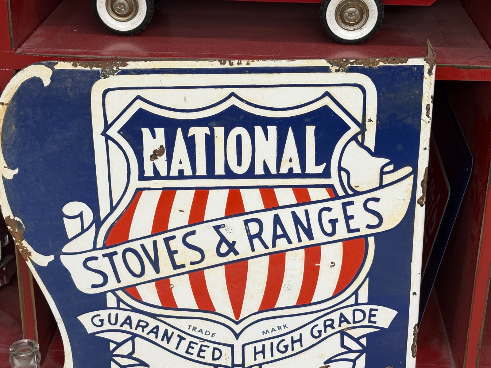 ORIGINAL 1930’s/1940’s (NATIONAL STOVES & RANGES) PORCELAIN FLANGE SIGN, RARE