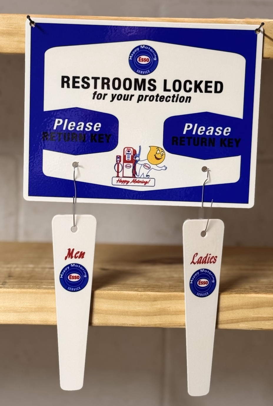 ESSO GASOLINE RESTROOMS KEY HANGER WITH FOBS GAS OIL GARAGE STATION SIGN