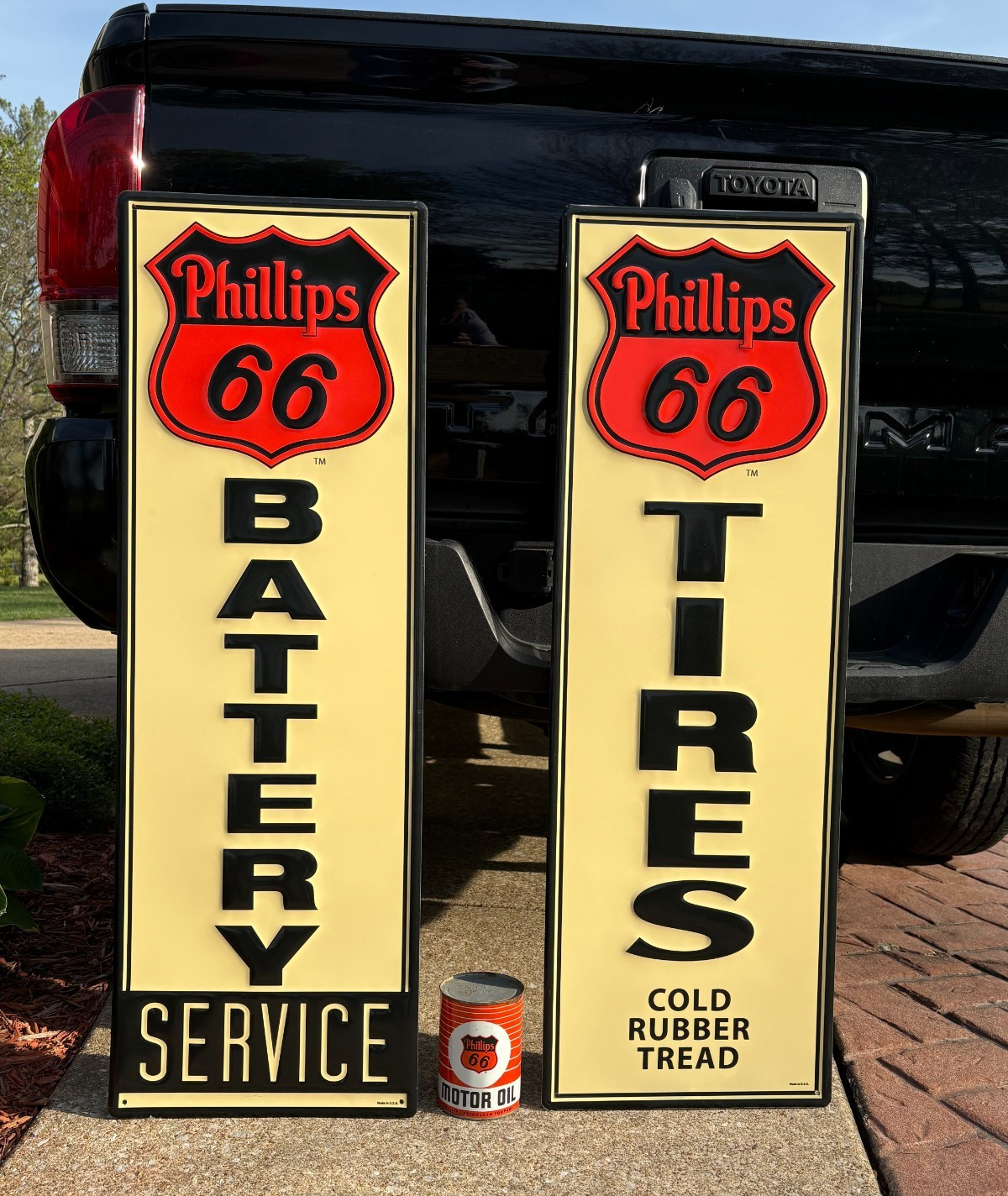 “PHILLIPS 66 BATTERY & TIRE SVC” LARGE EMBOSSED METAL DEALER SIGNS (42″x 14″)