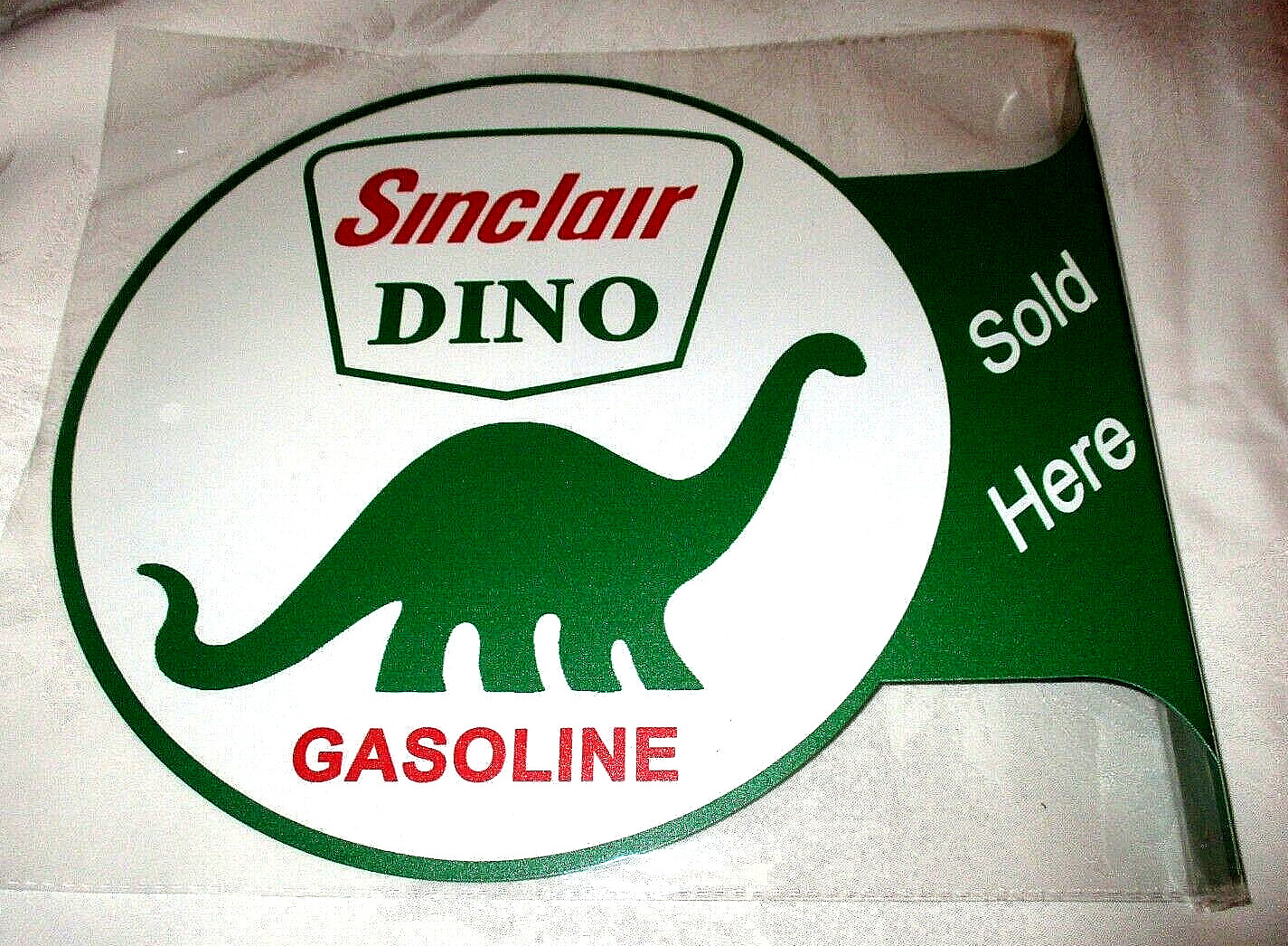 SINCLAIR DINO GASOLINE Double-Sided Imprint Metal Flange Sign #01- NEW
