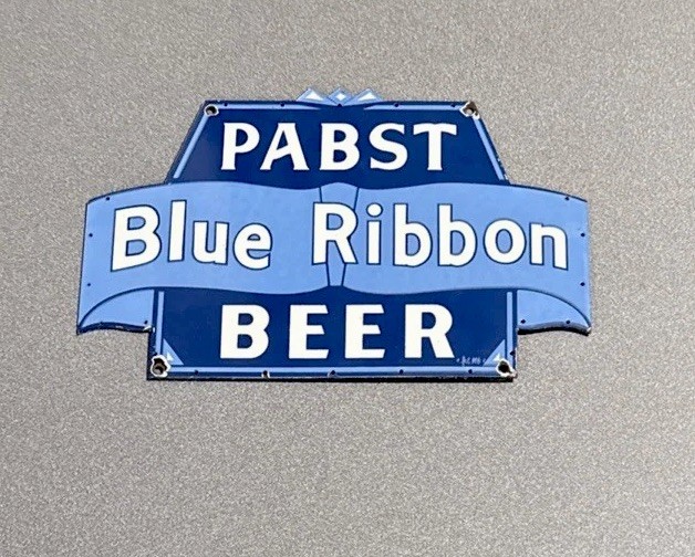 VINTAGE 12” PABST BLUE RIBBON BEER PORCELAIN SIGN CAR OIL GAS MOTORCYCLE TRUCK