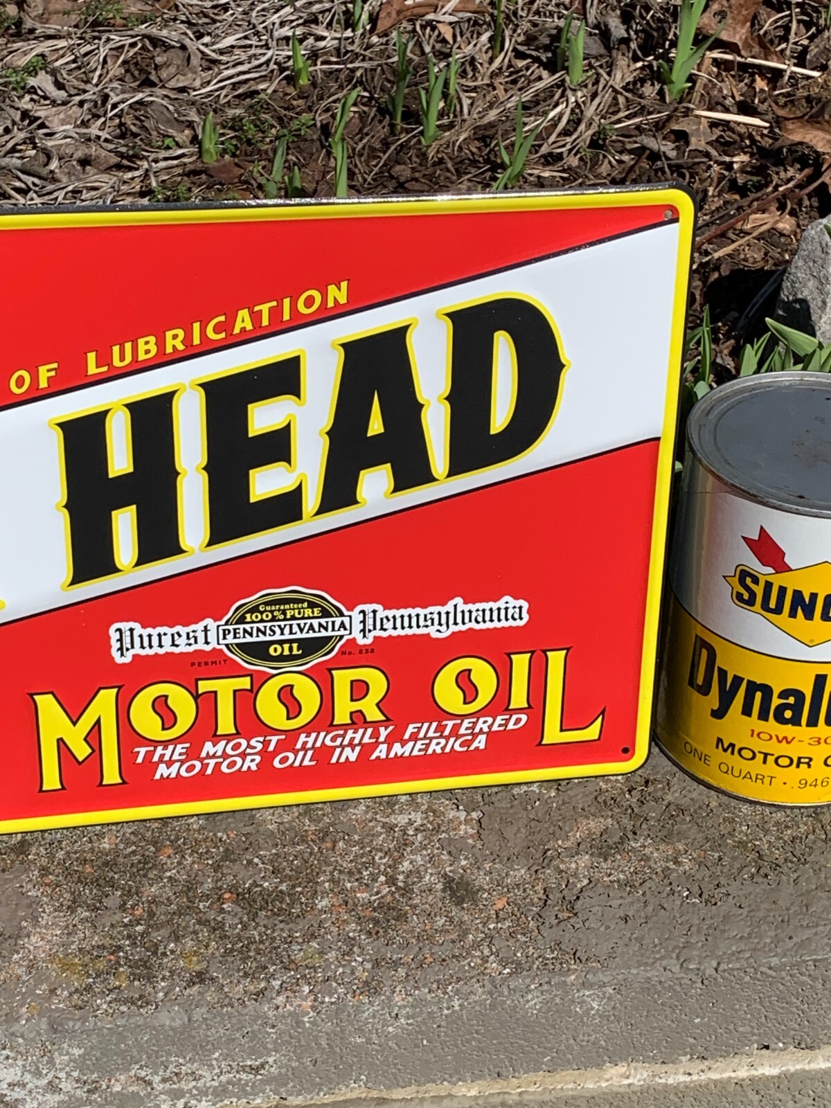 “LION HEAD MOTOR OIL” EMBOSSED METAL SIGN, (23.5″x 9.5″) EXCELLENT CONDITION