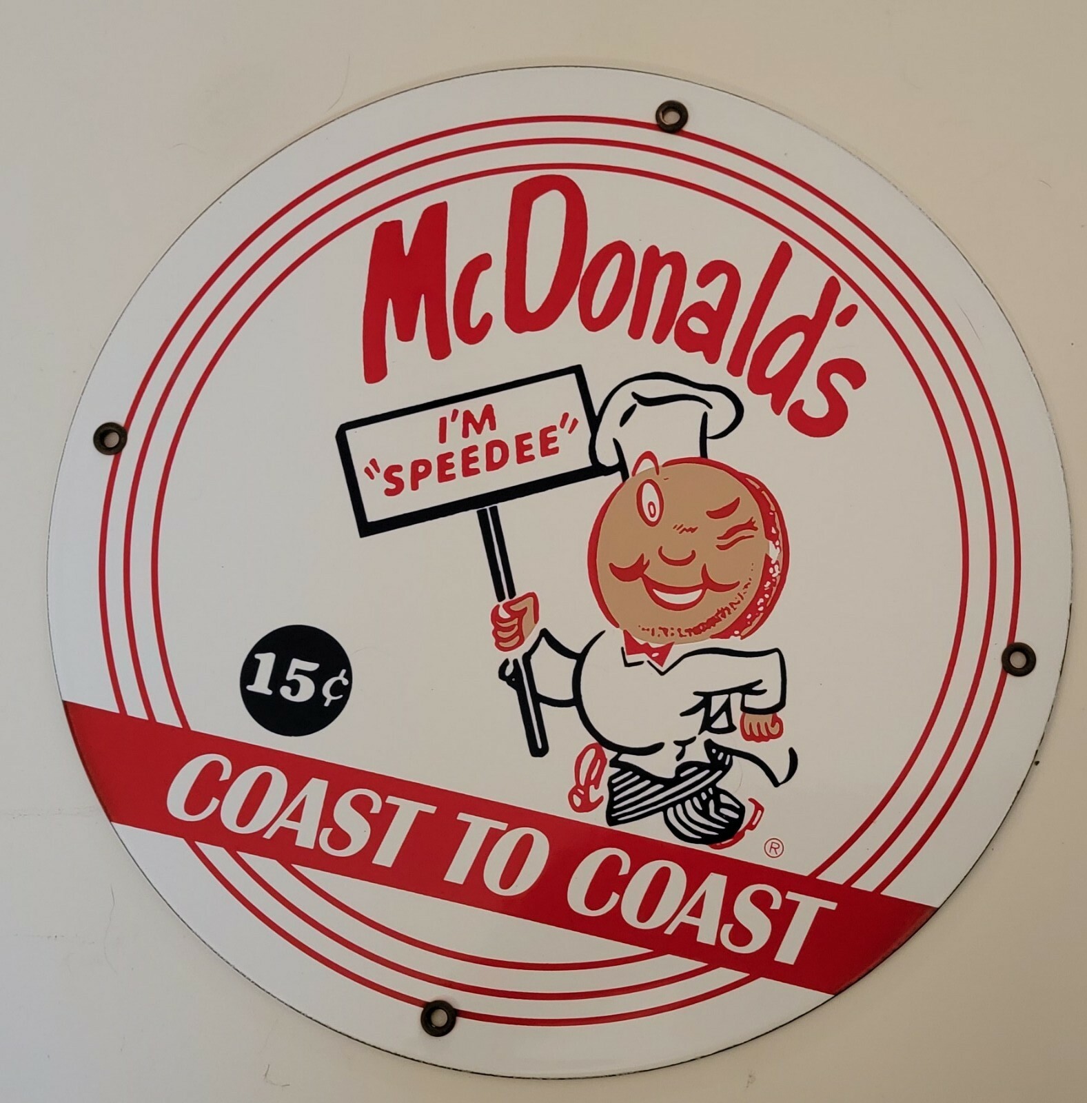 VINTAGE MCDONALD’S COAST TO COAST “I’M SPEEDEE” PORCELAIN ADVERTISING SIGN