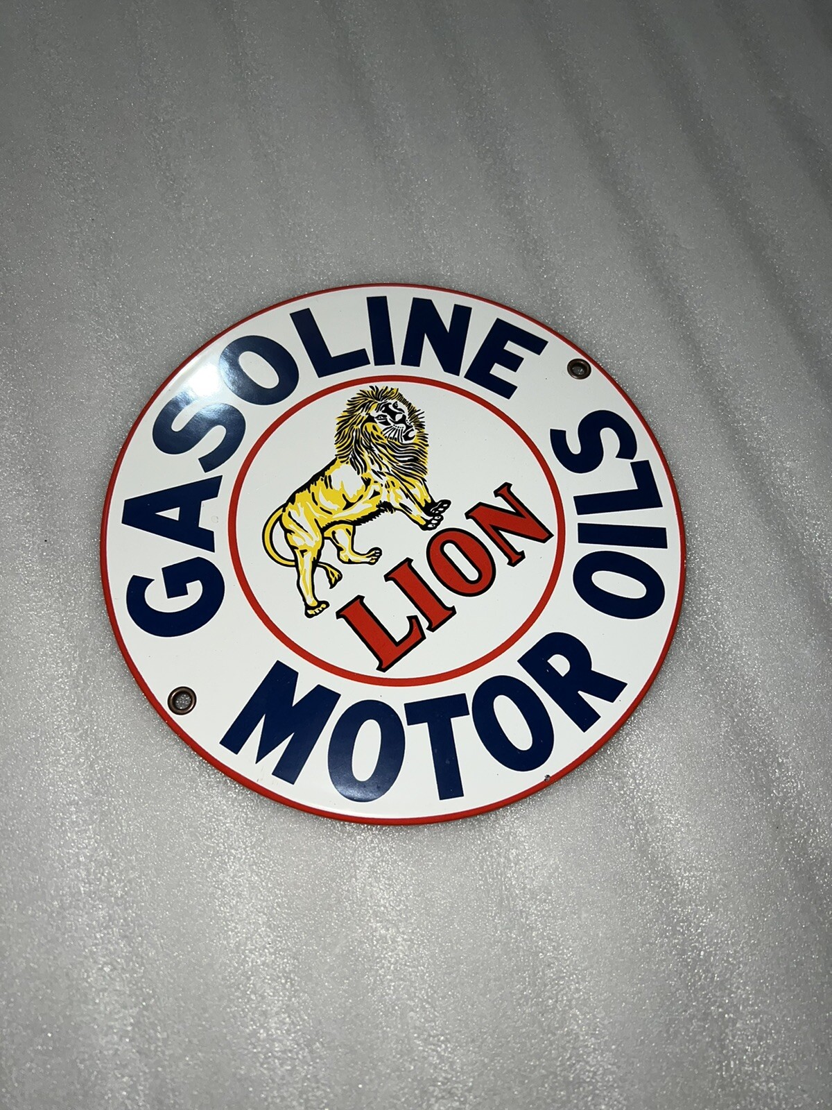8 In LION GASOLINE PORCELAIN SIGN MOTOR OIL GAS PUMP PLATE