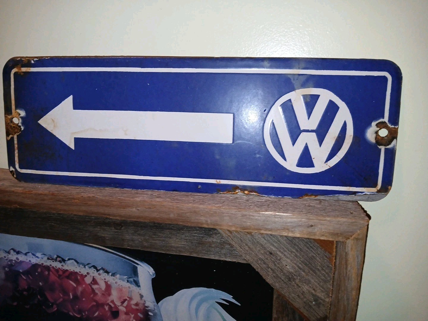 Vtg Large Volkswagen Sign – VW Sales Automobile Gas Pump Porcelain Sign Arrow