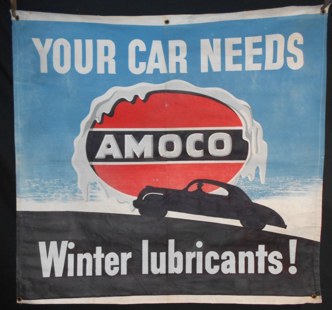 Your Car Needs AMOCO Winter Lubricants , 36 X 38 Banner, ca 40s