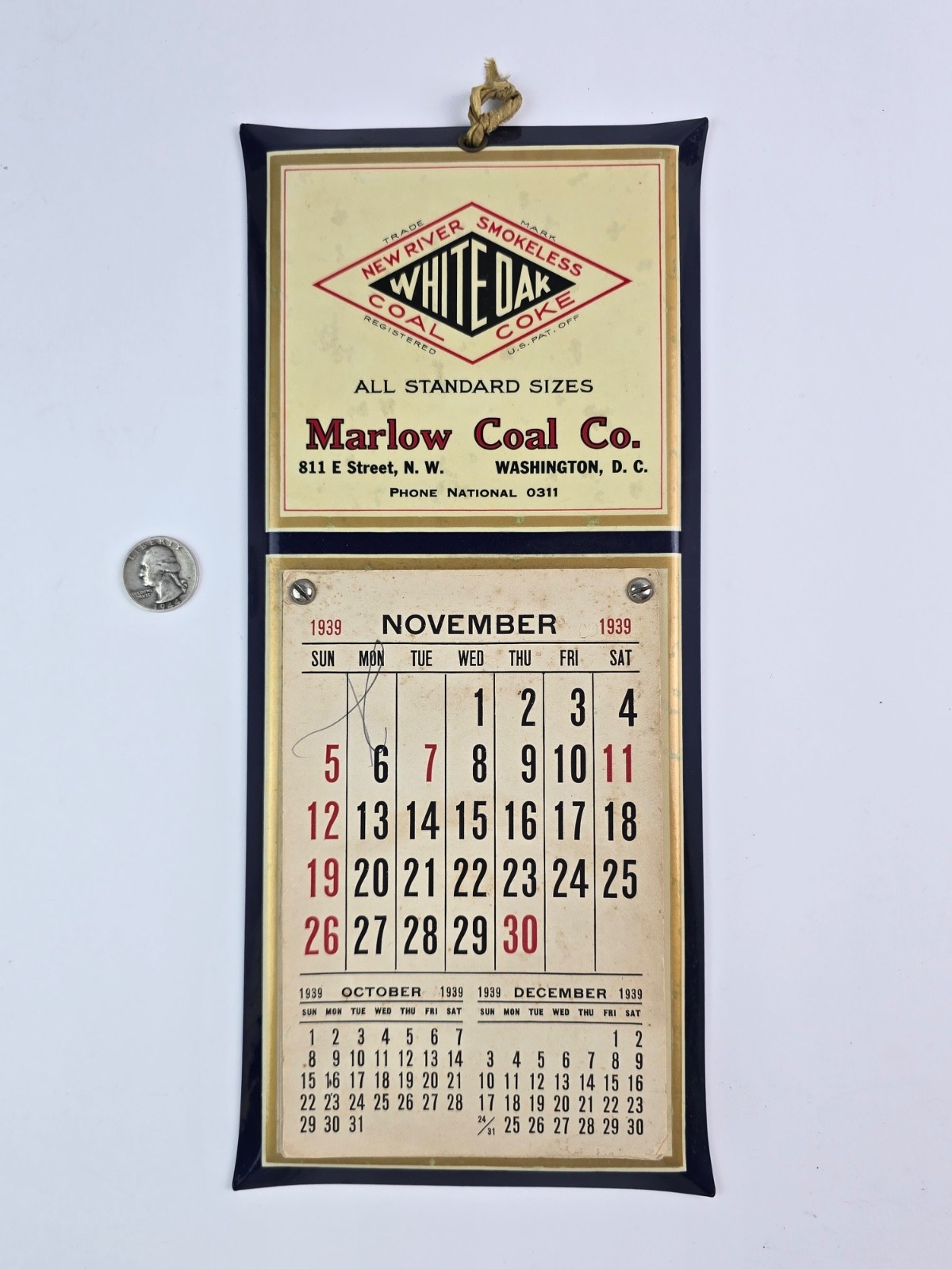 1939 Marlow Coal. Co. Washington D.C. Blue Celluloid Calendar Sign White Oak
