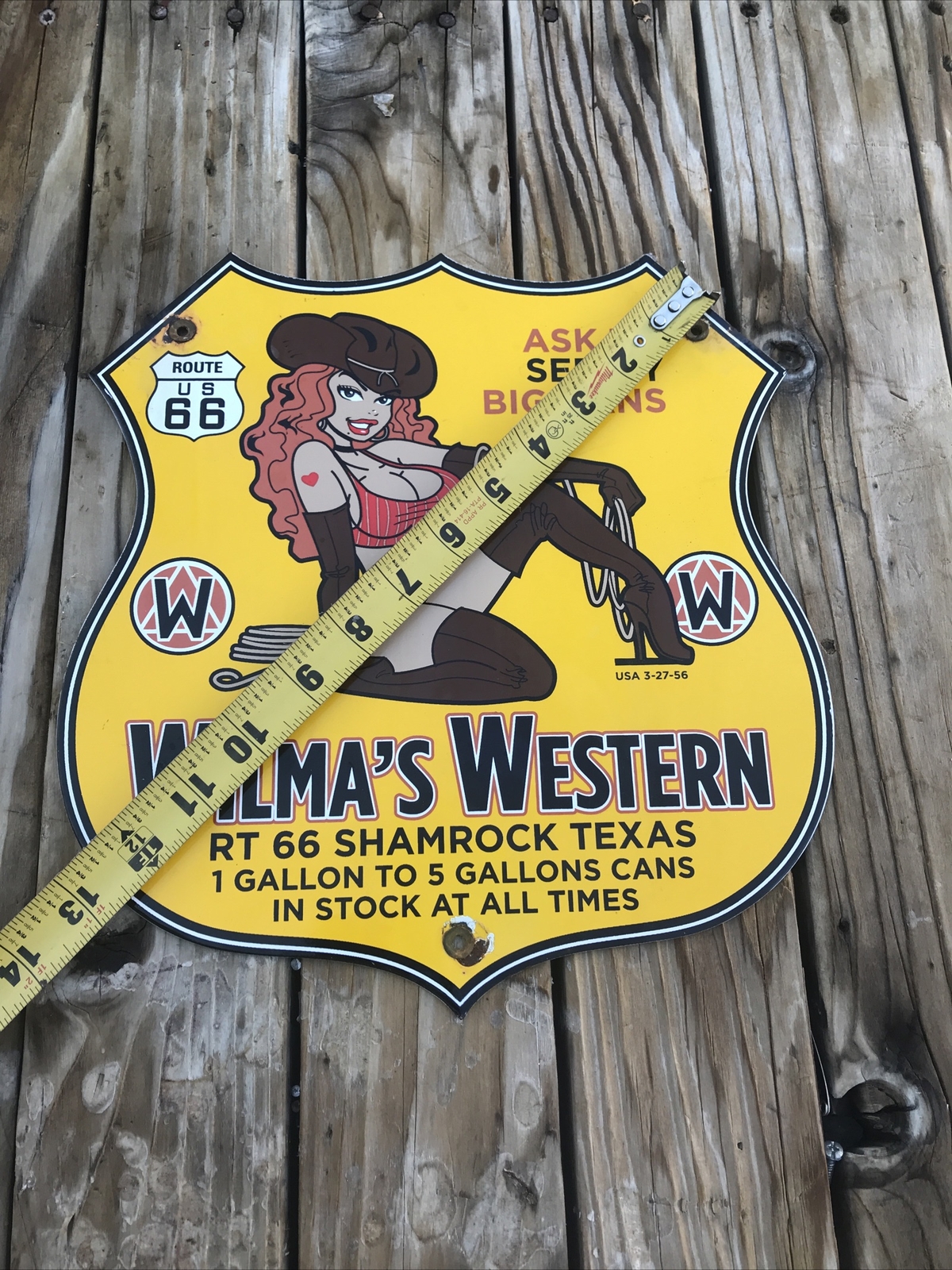Vintage Route 66 Wilma’s Western Shamrock Texas Oil Can Porcelain Sign