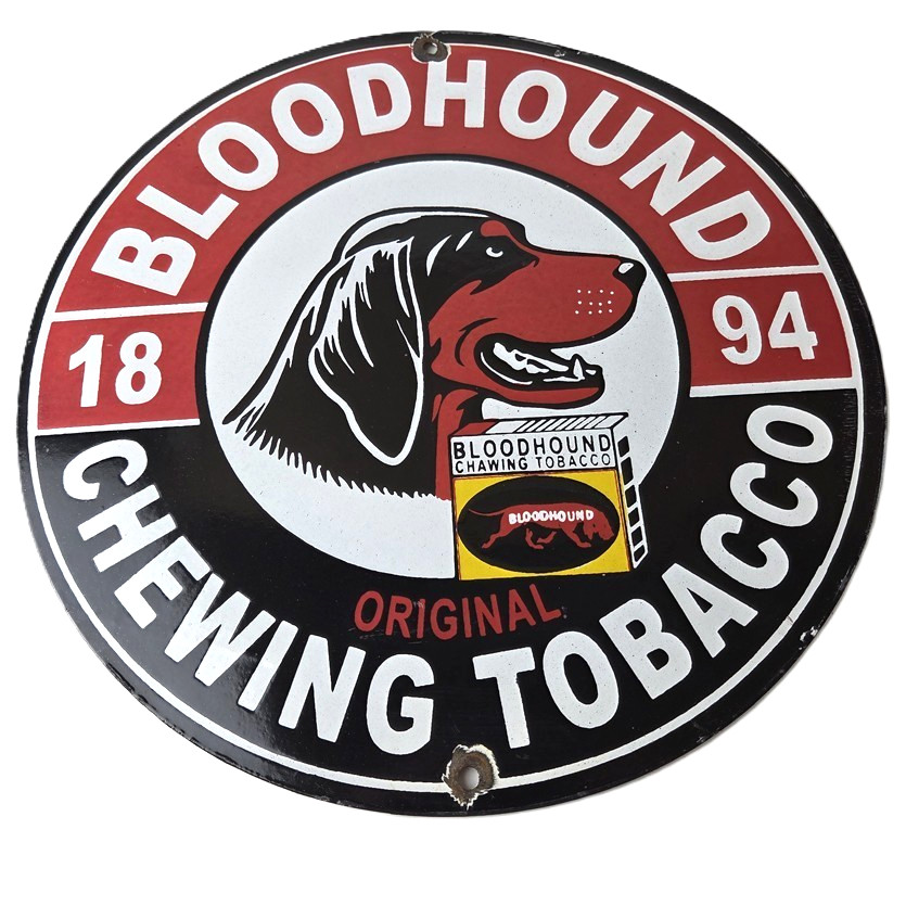 Vintage Bloodhound Sign – Chewing Tobacco Gas Pump Display Porcelain Ad Sign