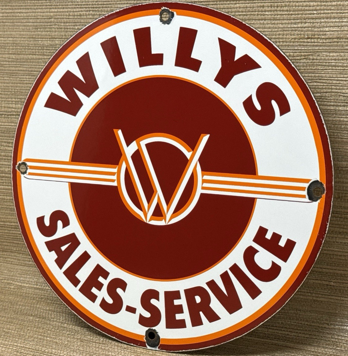 VINTAGE WILLYS PORCELAIN SIGN SALES SERVICE GAS OIL PUMP PLATE DEALERSHIP KNIGHT