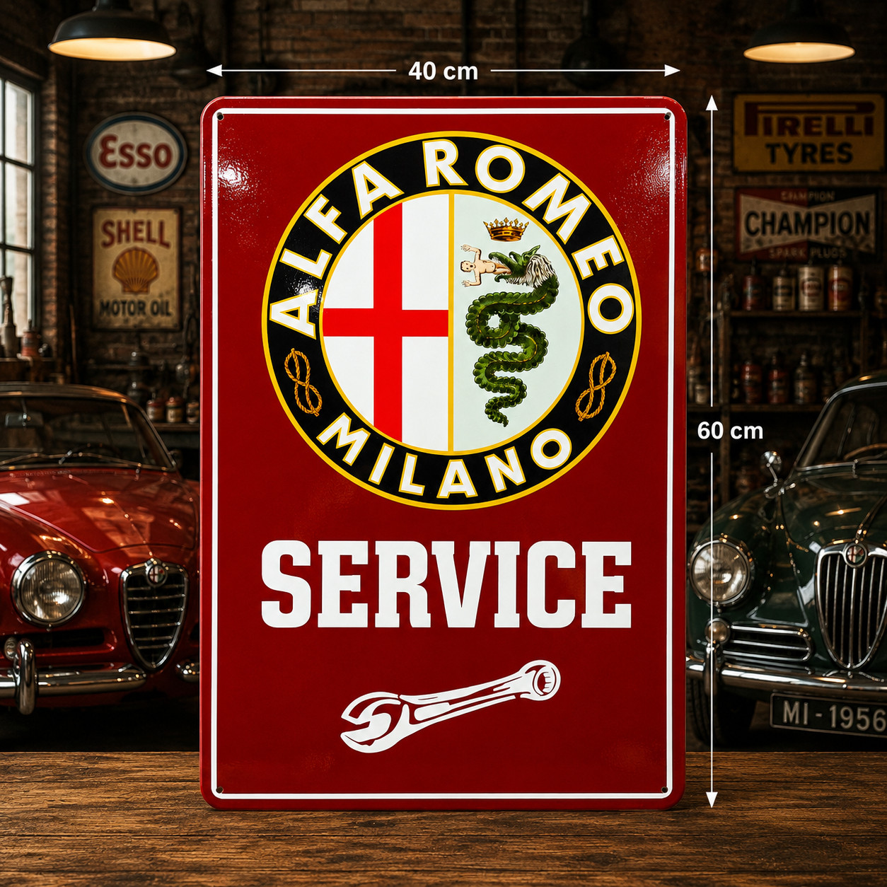 Alfa Romeo Milano Service Garage Sign – Metal Sign – 40 × 60 cm (15.7” × 23.6”)