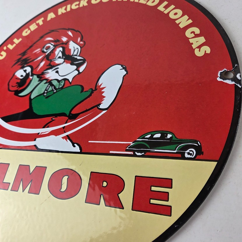 Vintage Gilmore Pump Sign – Porcelain Gasoline Red Lion Service Station Sign