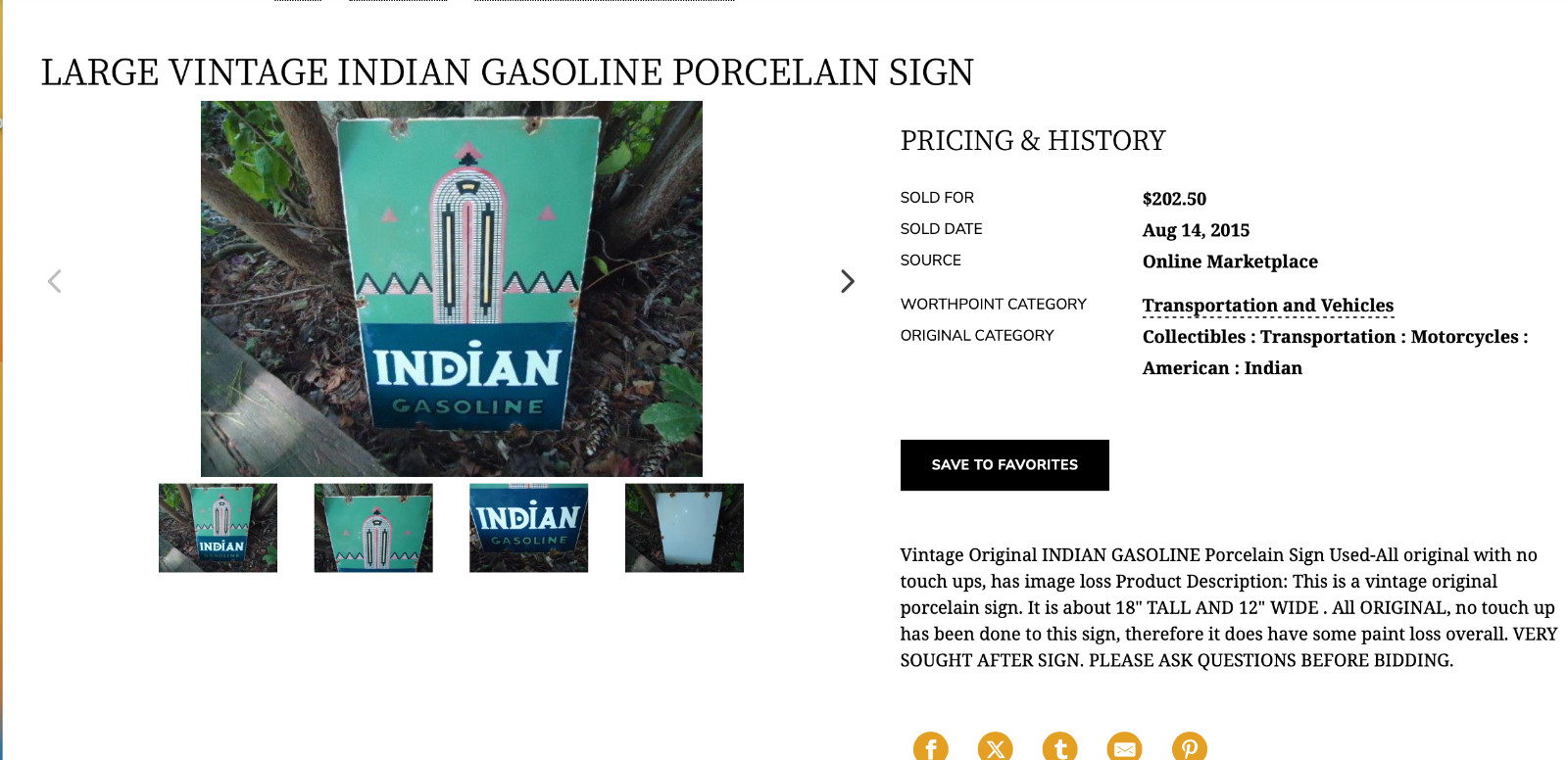 VINTAGE INDIAN GASOLINE 18″ PORCELAIN METAL MOTORCYCLE GAS & OIL PUMP PLATE SIGN