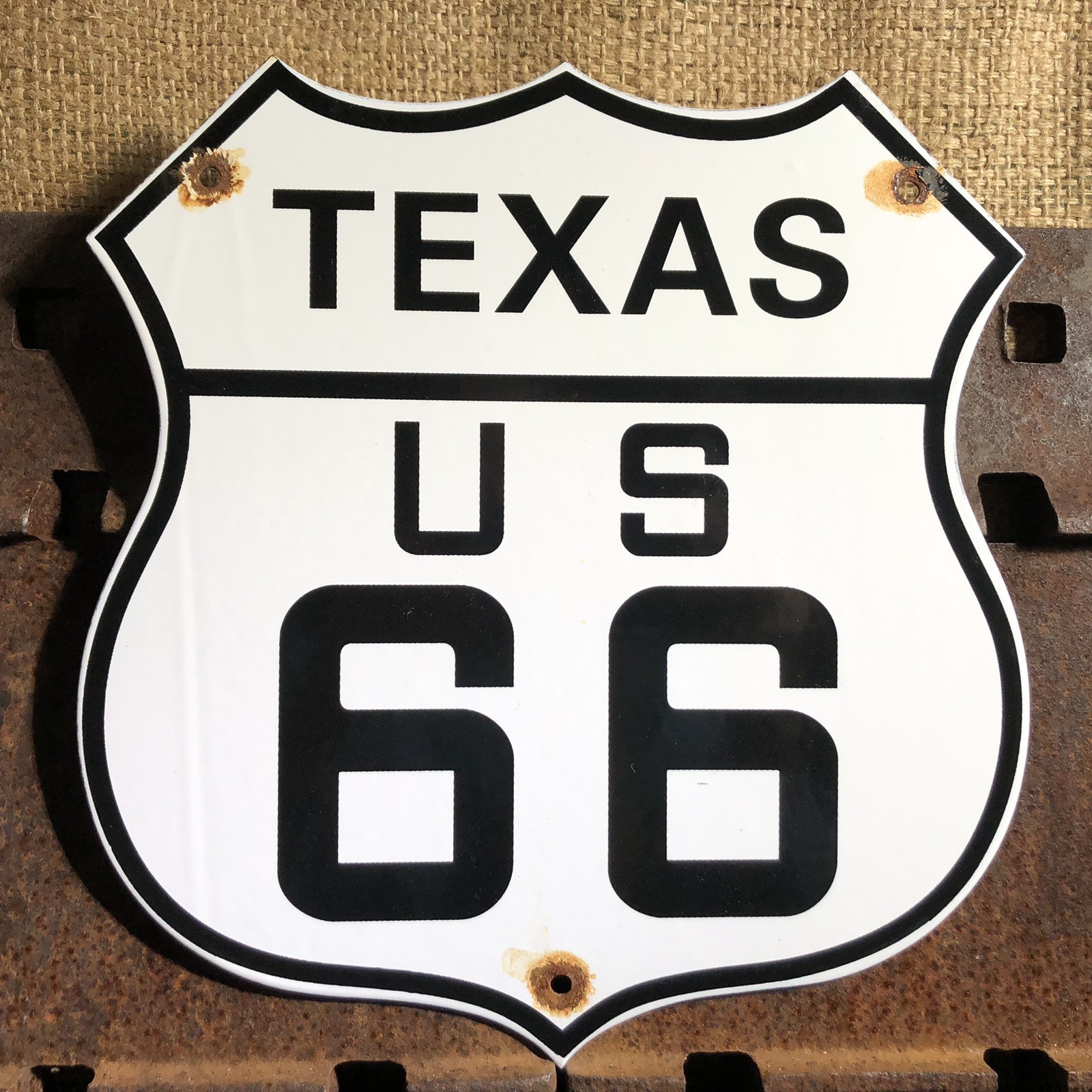 VINTAGE ROUTE 66 PORCELAIN METAL GASOLINE AUTO HIGHWAY TEXAS SHIELD SIGN